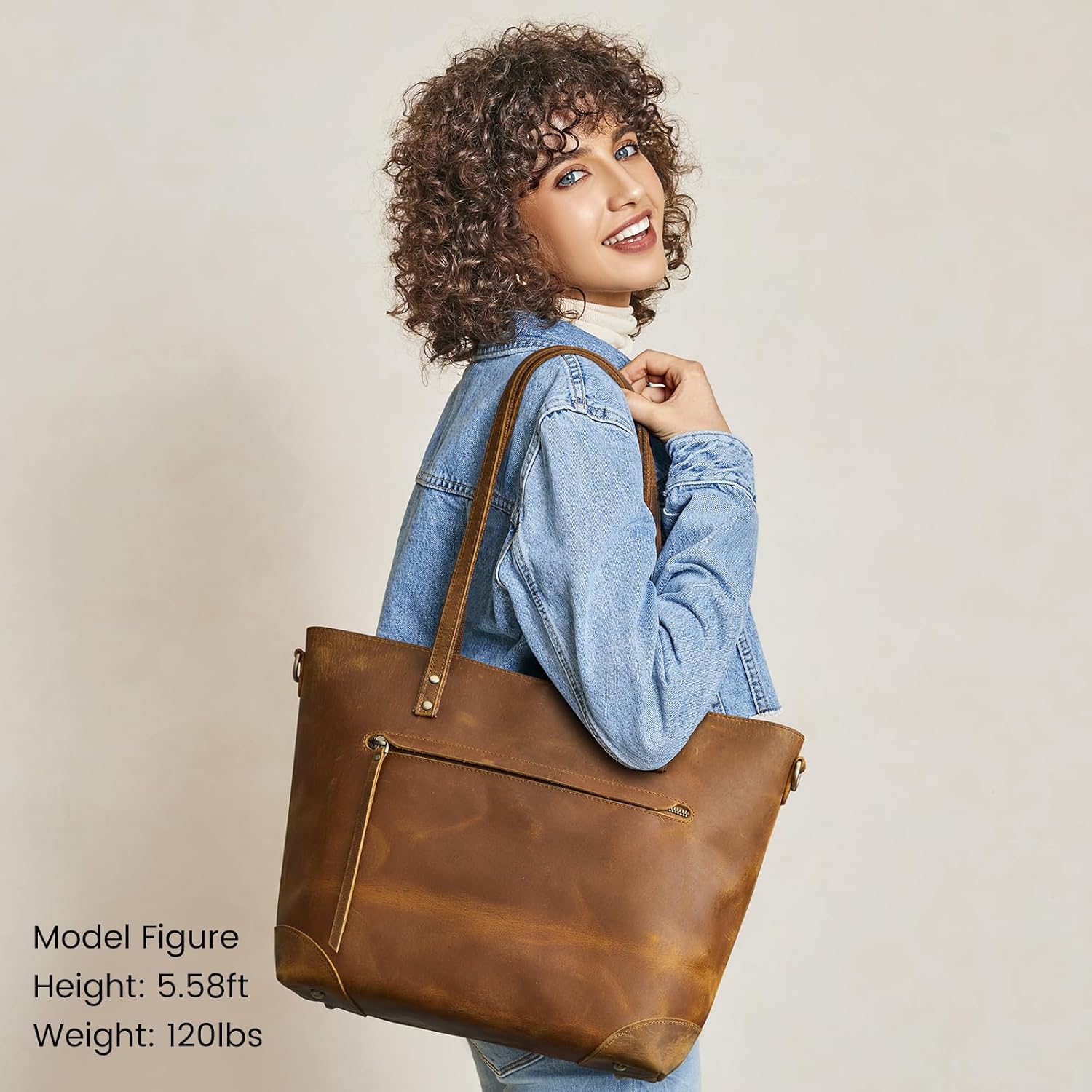 Detalle de S-ZONE Sac fourre-tout vintage 3 façons en cuir Crazy Horse – Main et bandoulière, femme