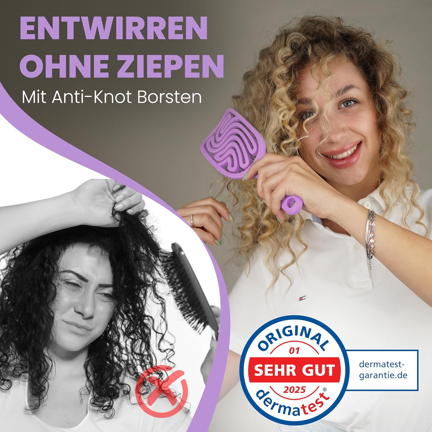 Detalle 2 de Walcora Haarbürste ohne Ziepen – Entwirrbürste & Detangler in Violett (für Damen, Herren & Kinder)