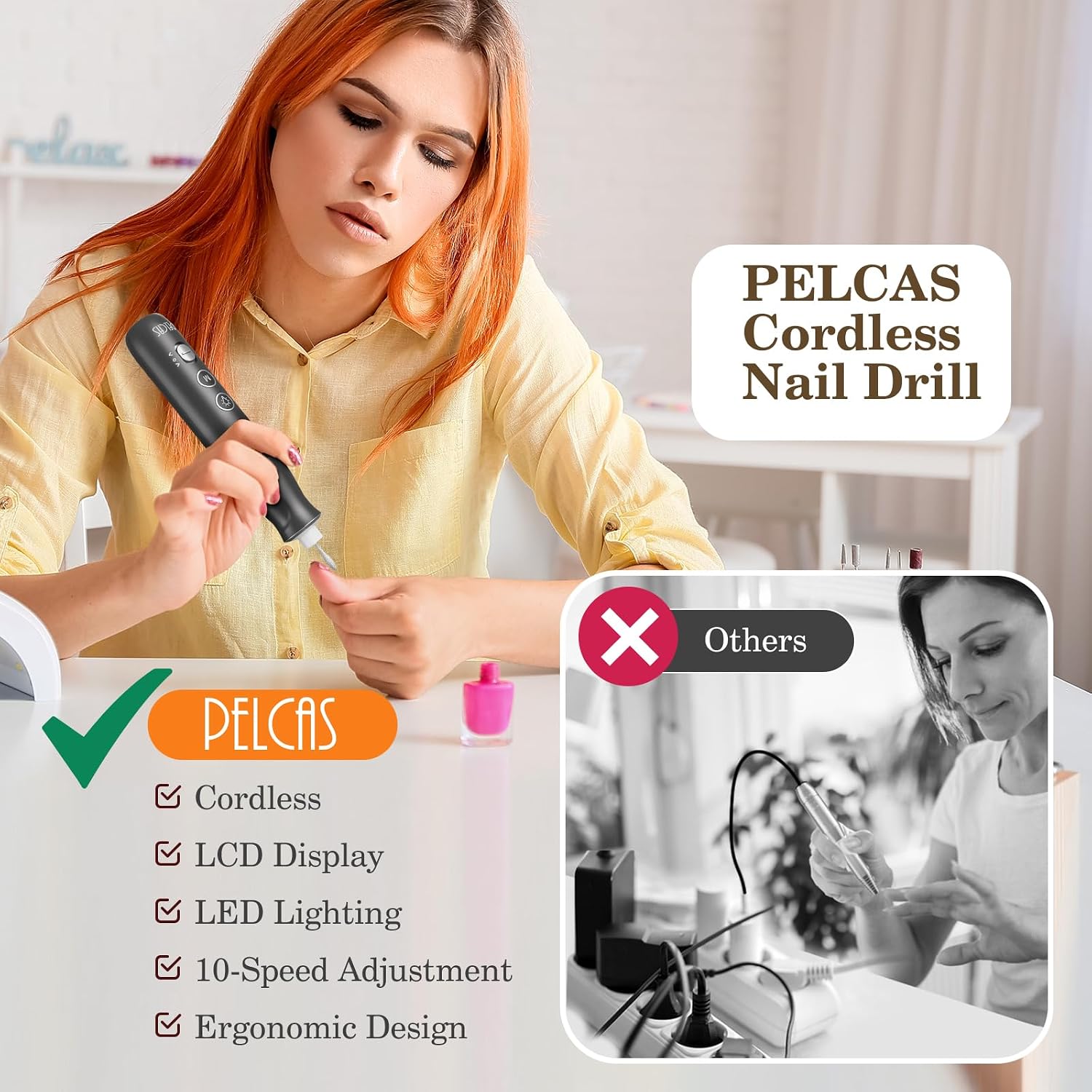 Detalle de PELCAS Upgraded AOL05 Cordless Nail Drill, 10 Speeds, LCD and LED Light
