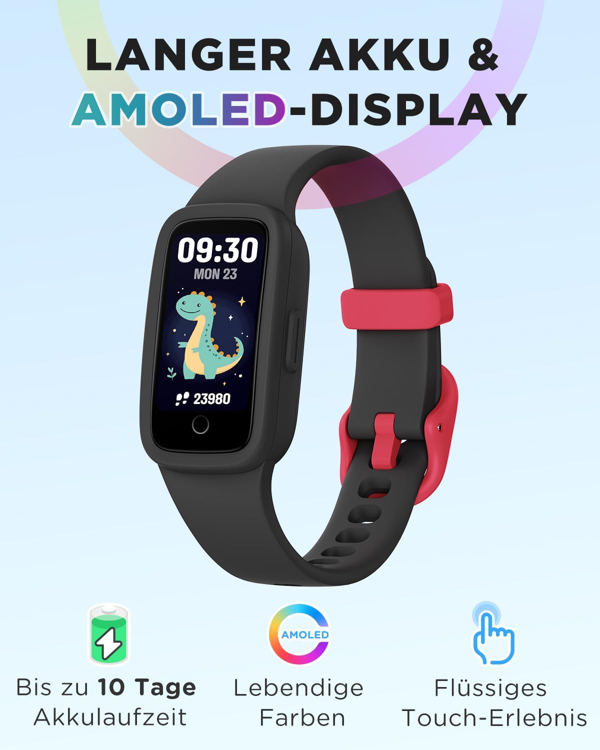 Detalle de BIGGERFIVE Vigor 3 Kinder Fitness Armband Uhr – AMOLED-Display, 3ATM, Schlaf- und Pulstracking