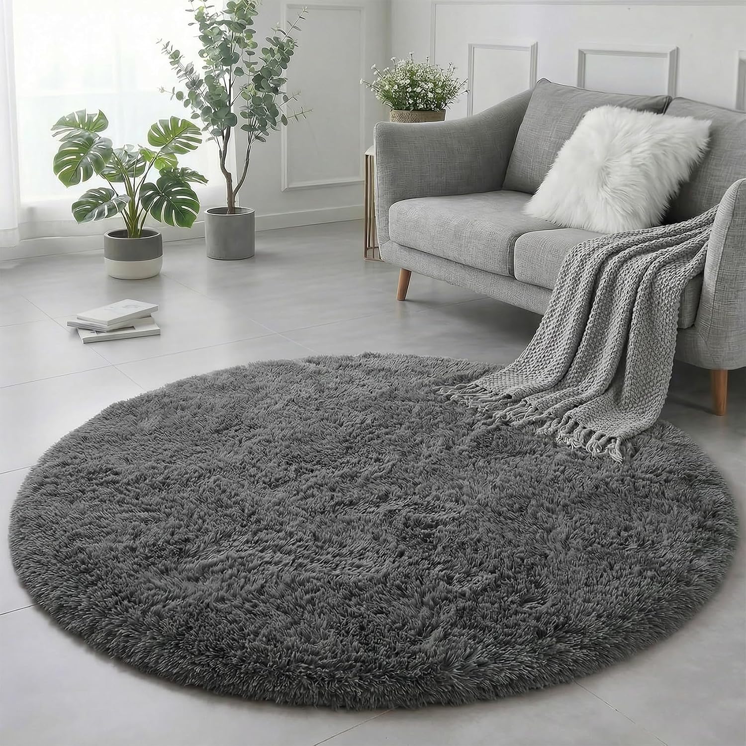 Detalle 2 de Amdrebio 6-Foot Round Gray Shag Area Rug, Plush Polyester with Non-Slip Backing