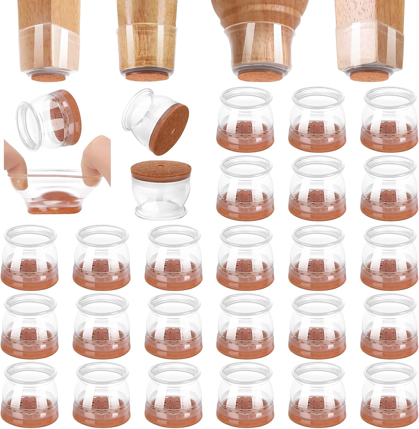 Detalle de CHUNZEXI Clear-24Pack Chair Leg Protectors, Silicone and Felt, Clear, 24-Pack
