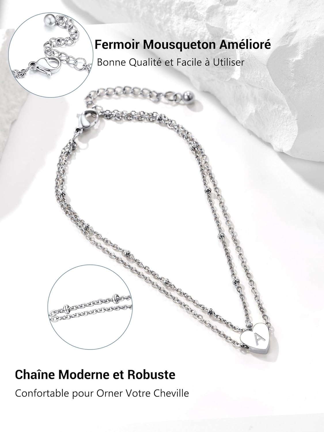 Thumbnail 3 de PROSTEEL Bracelet de cheville femme en acier inoxydable avec cœur initiale double chaîne ajustable 22+5 cm