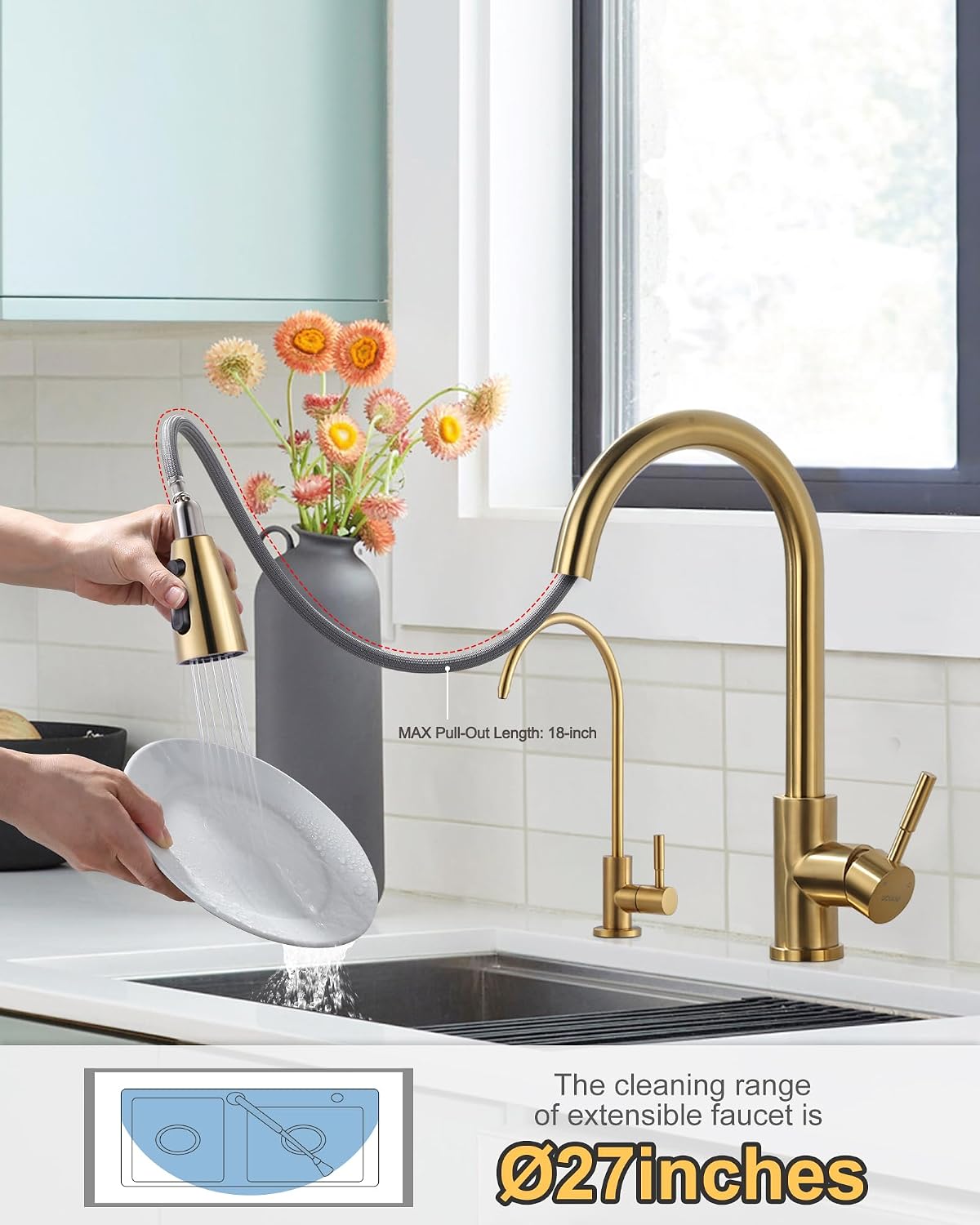 Detalle de WOWOW 2310301G-L Kitchen Faucet Combo, Brushed Gold, Pull-Down Sprayer