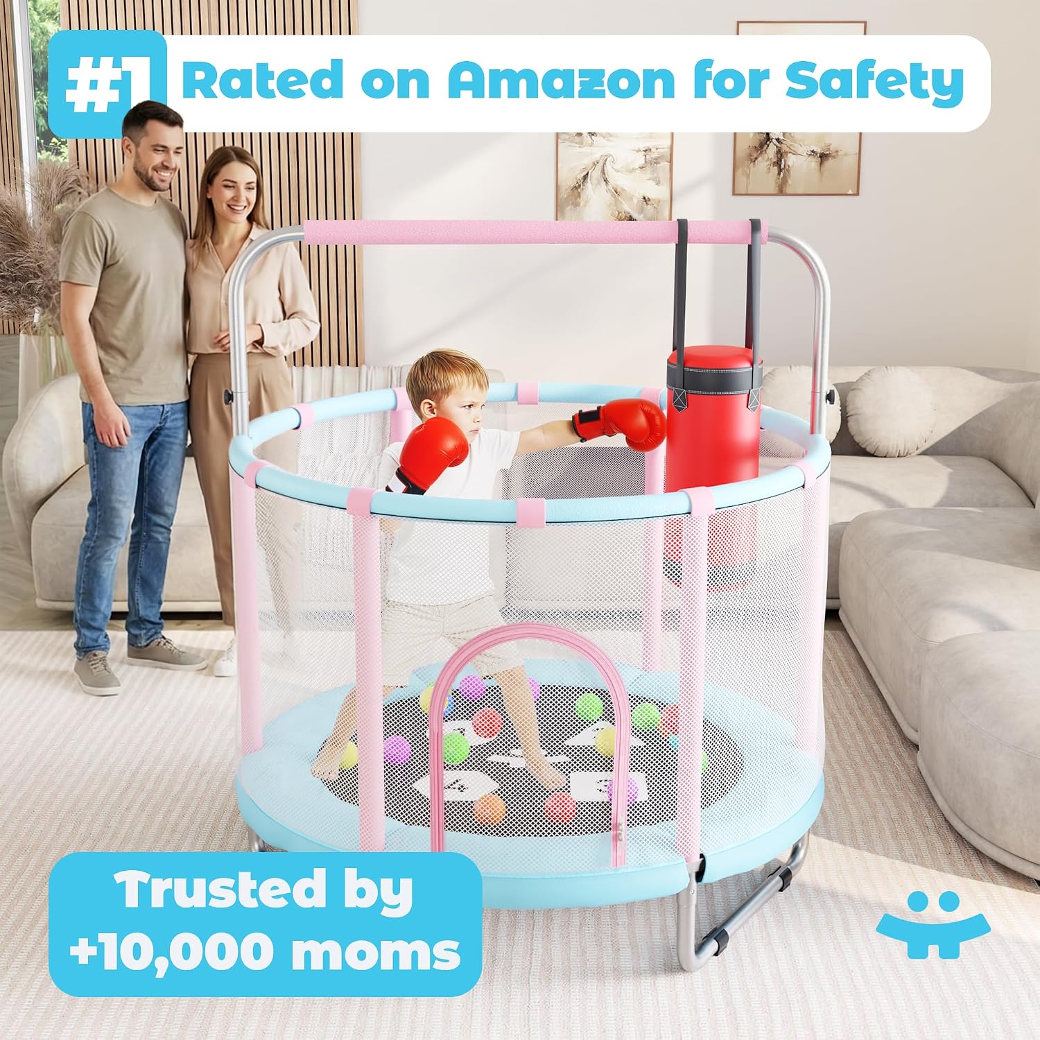 Thumbnail 4 de Happin® 55” Toddler Trampoline with Safety Enclosure Net (Ages 1-6) – Indoor & Outdoor Kids Rebounder