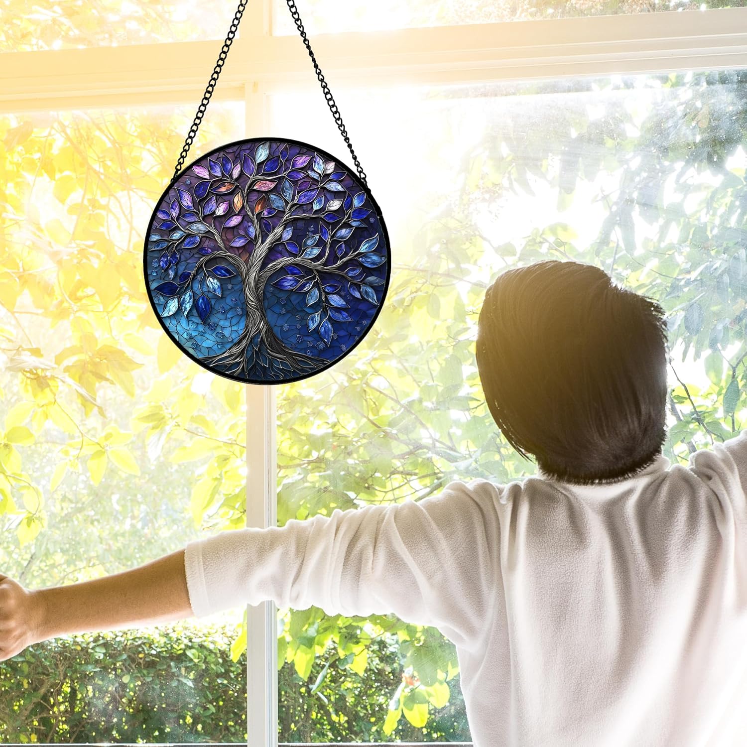 Detalle de DASTOLL Blue Purple Tree of Life Stained Glass Window Hanging, 6.3-Inch