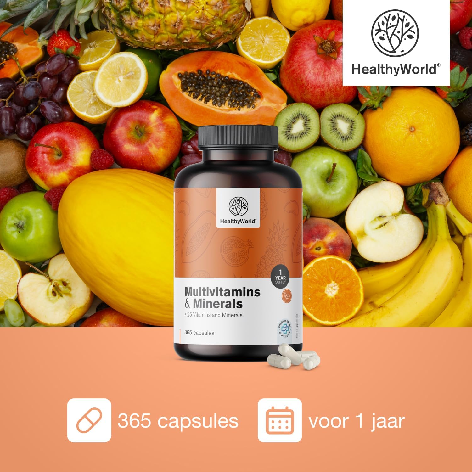 Thumbnail 3 de HealthyWorld multivitaminen en mineralen, 365 plantaardige capsules met 25 nutriënten