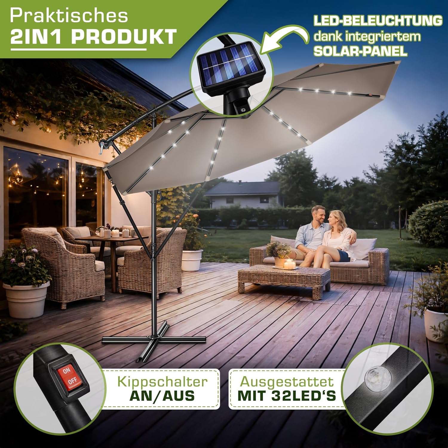 Thumbnail 5 de tillvex Alu Ampelschirm + Abdeckung LED Solar Ø 300 cm mit Kurbel – UV-Schutz, Windschutz und Beleuchtung