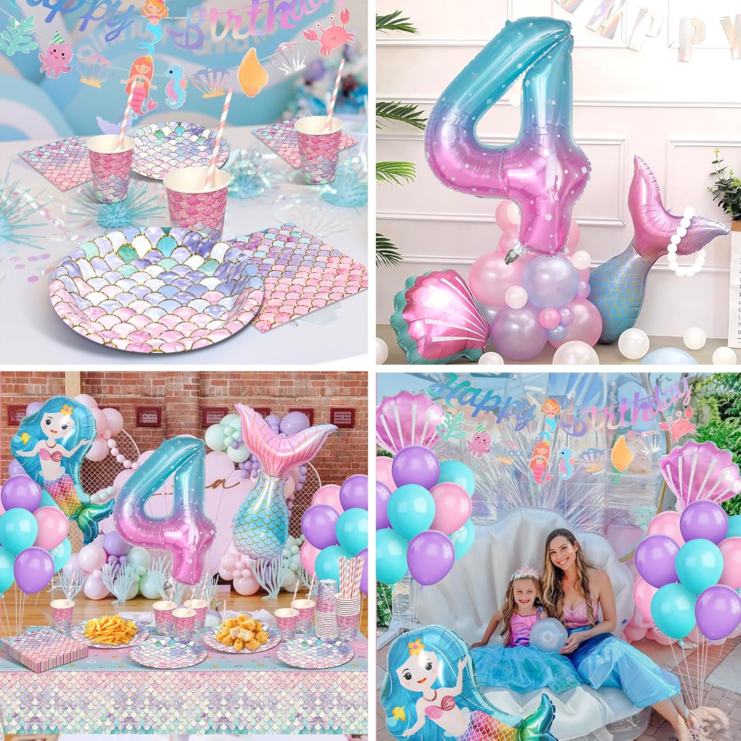 Thumbnail 6 de Meerjungfrau Partygeschirr Set zum 4. Geburtstag – Deko-Set für 16 Gäste mit Papptellern, Bechern & Luftballons