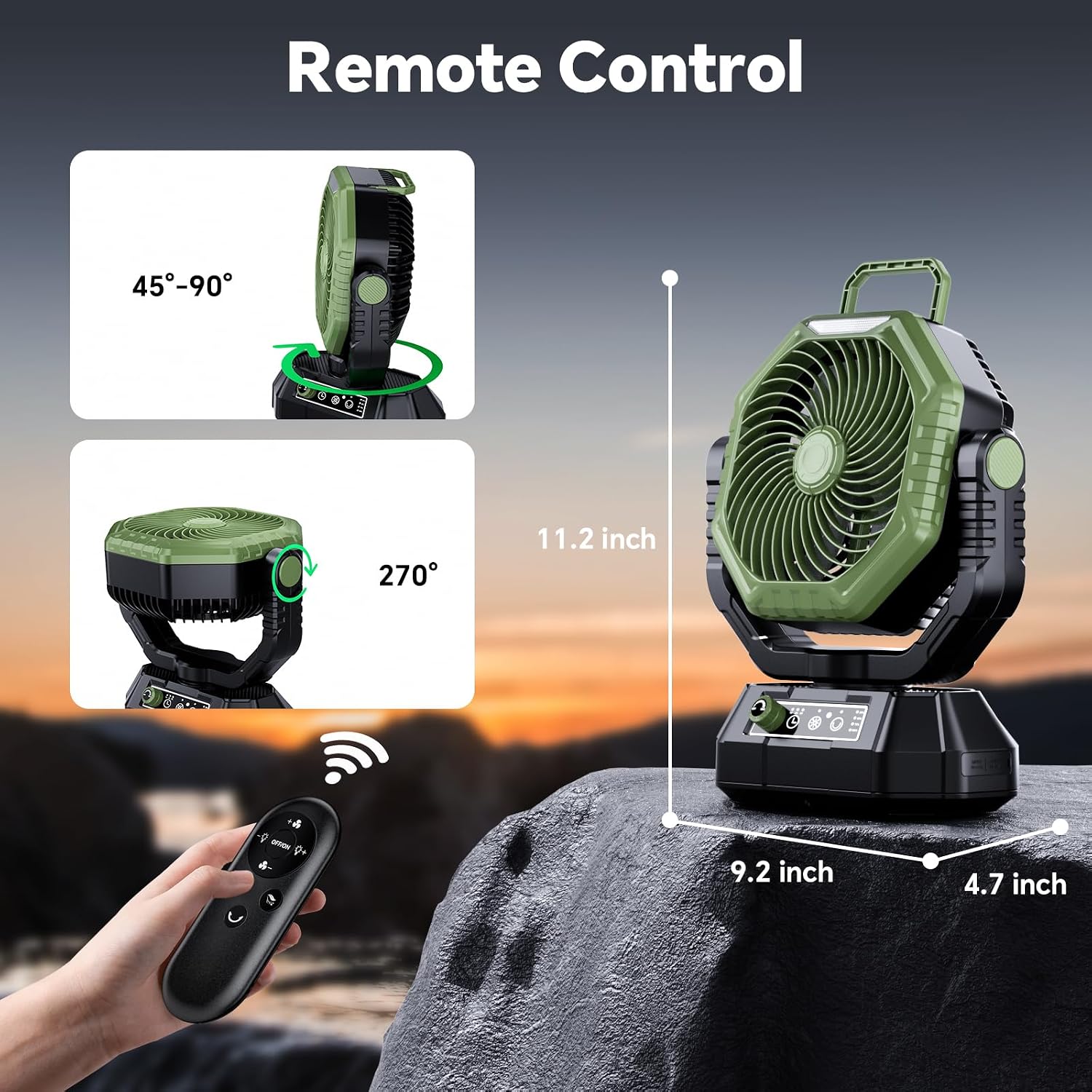 Detalle de Camping Fan with 20000mAh Battery, LED Light & 270° Tilt – Green