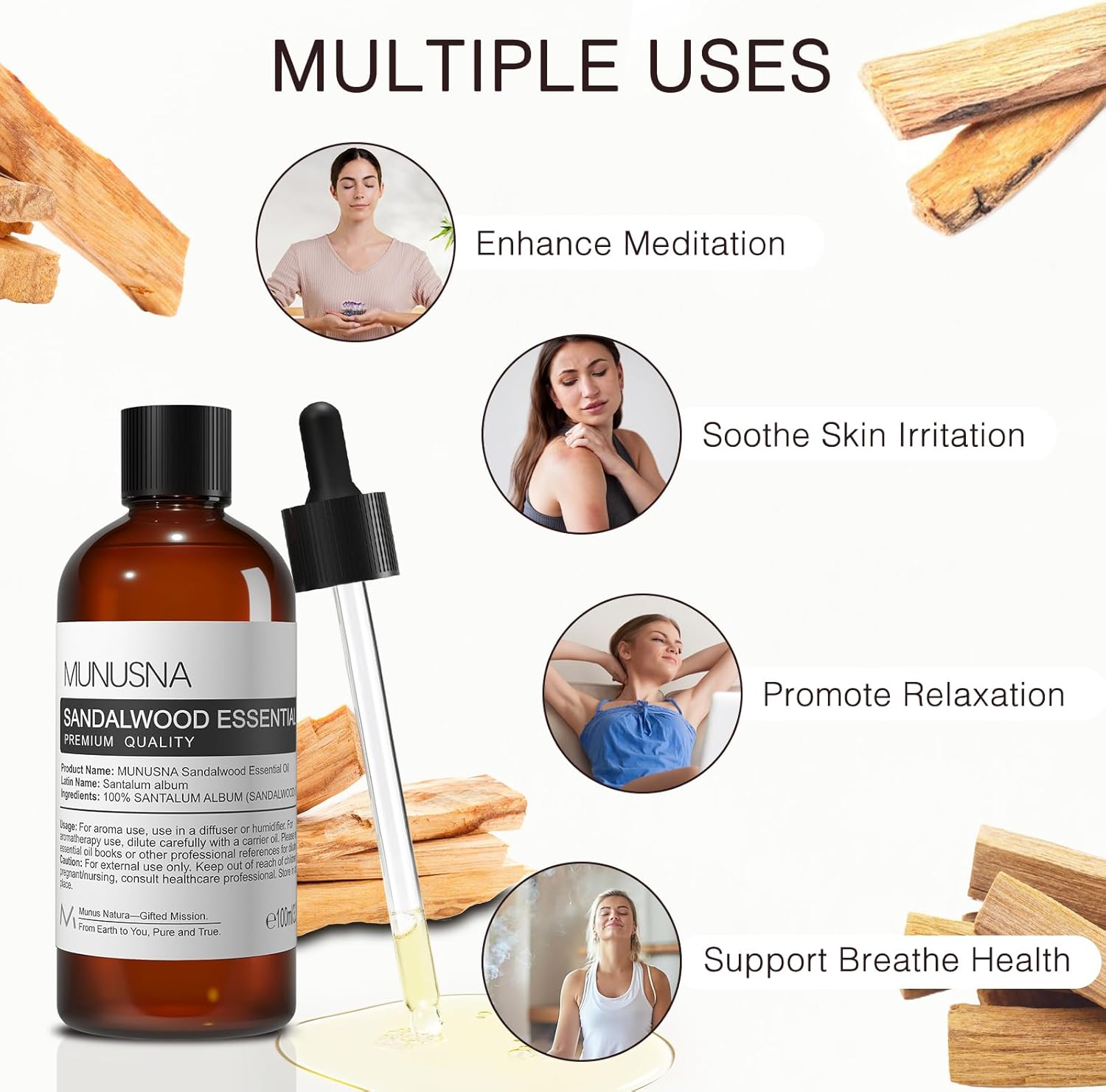 Thumbnail 4 de MUNUSNA 100% Natural Sandalwood Essential Oil (Sandalwood Oil) – 100ml for Aromatherapy, Skin & Home DIY