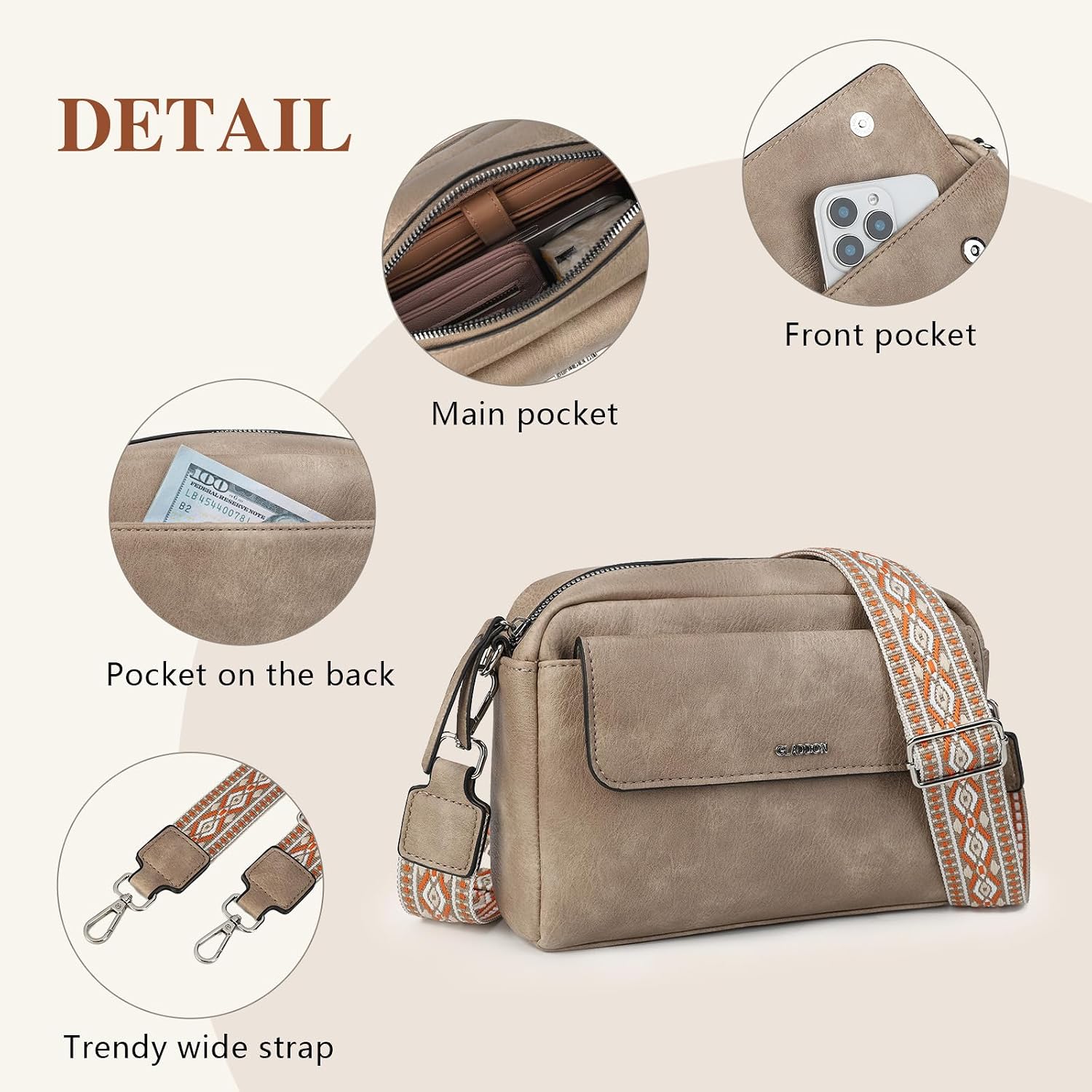 Detalle de Gladdon sac bandoulière femme en cuir PU léger et imperméable, petite sacoche avec bandoulière amovible
