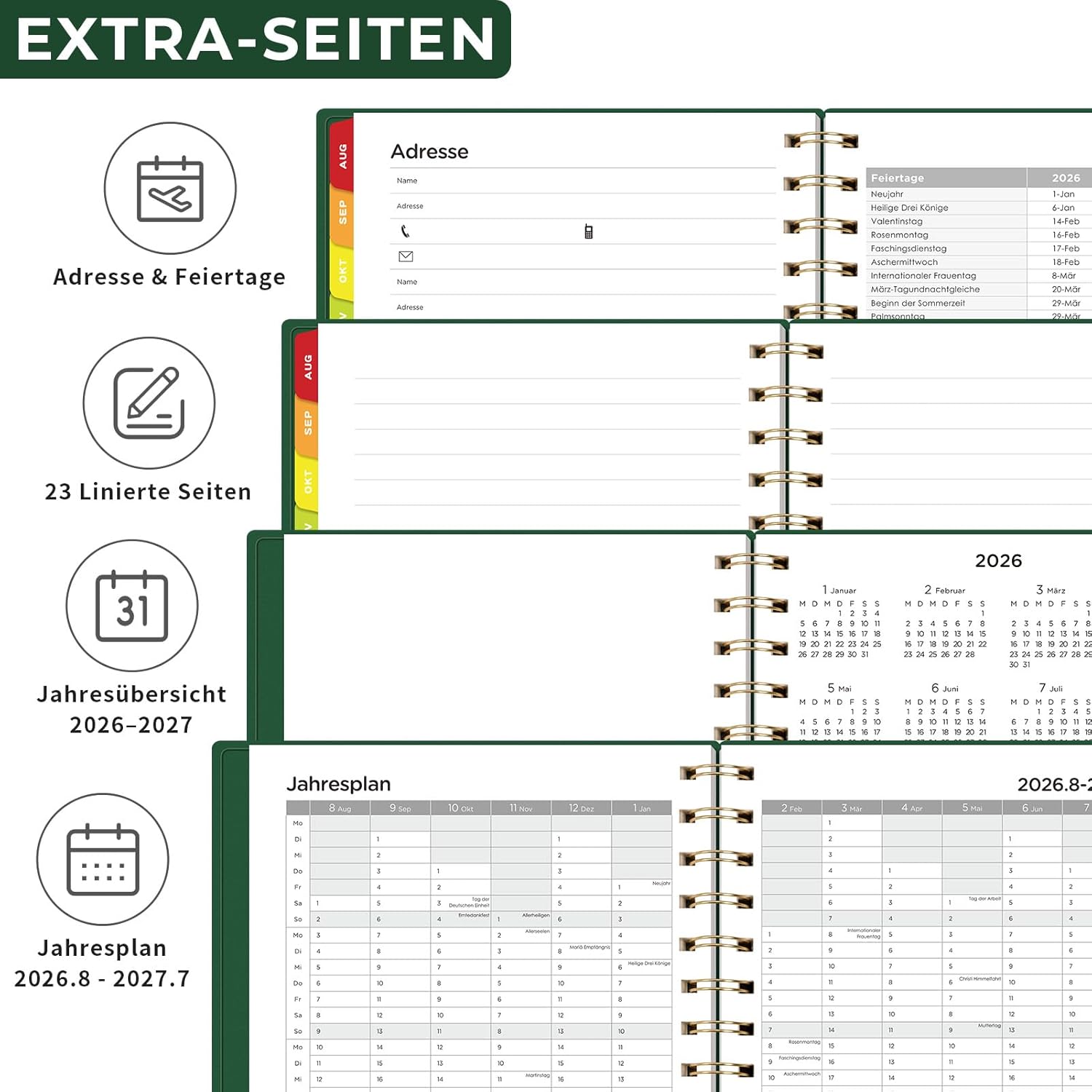 Thumbnail 3 de EMSHOI Kalender 2026/2027 A5 Terminplaner mit 30-Min-Intervallen (Wochenansicht) – Dunkelgrün