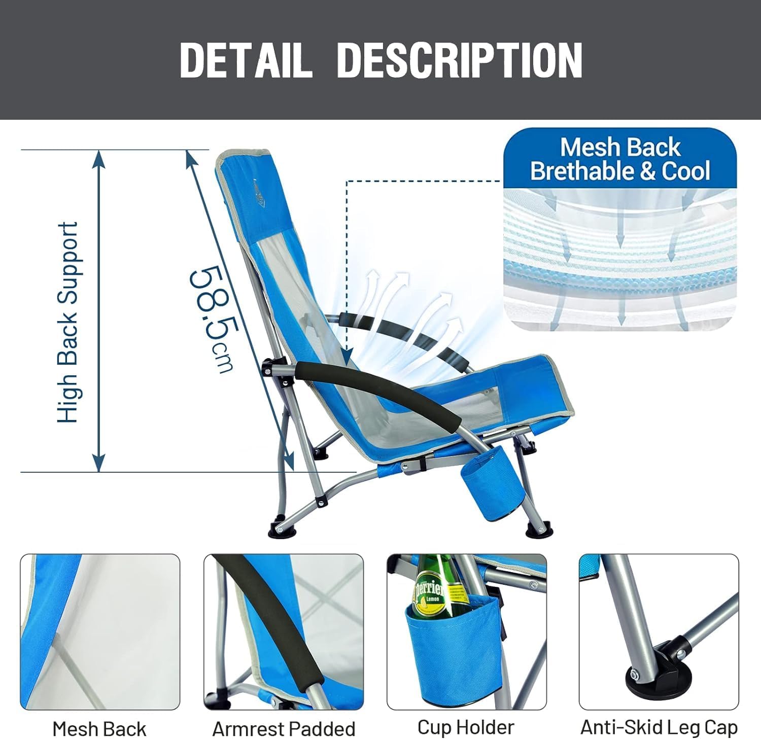 Thumbnail 6 de TIMBER RIDGE Low Beach Chair Set of 2: Folding Lightweight Camping Chairs with Mesh Back and Cup Holder