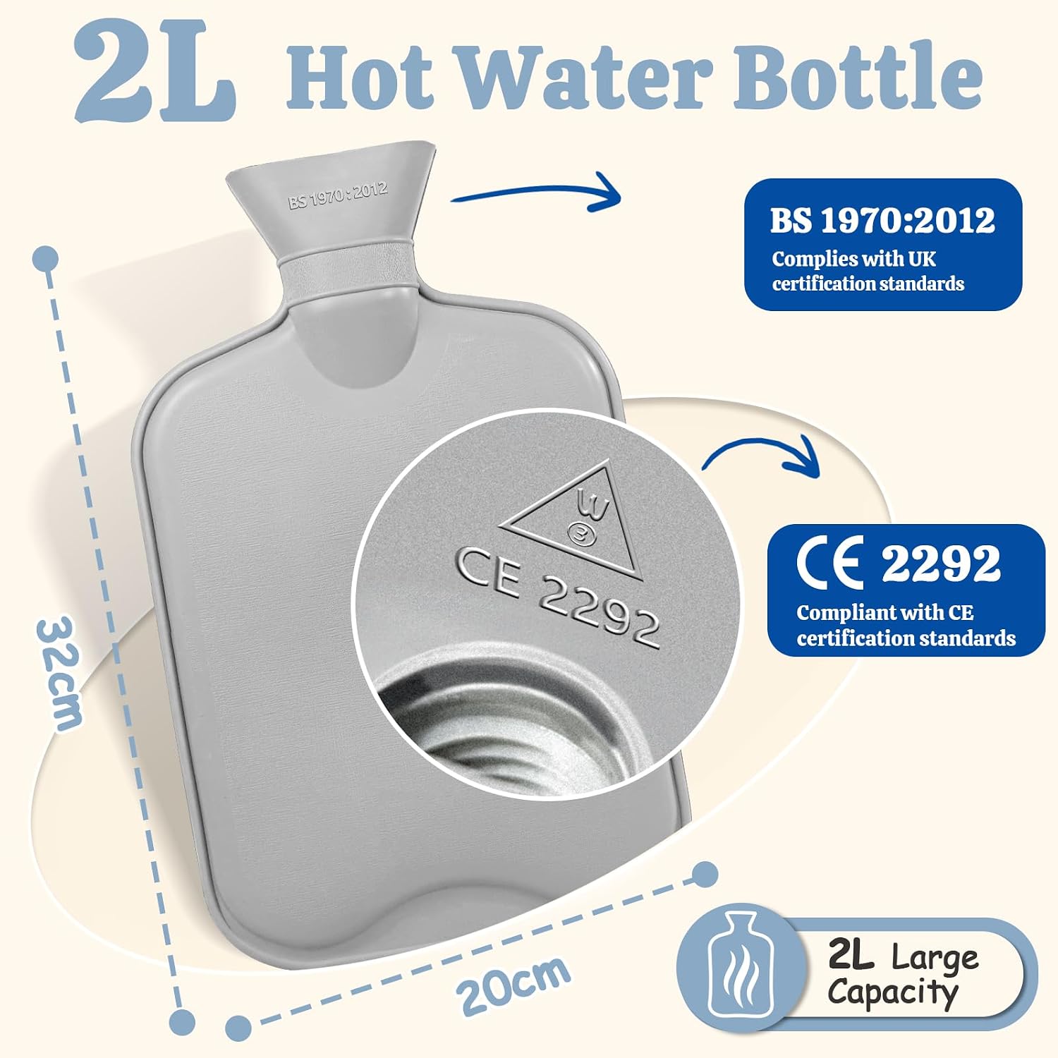 Detalle 2 de HAOCEE Wärmflasche mit Bezug (2L) – Auslaufsicher, mit Känguru-Tasche & Flausch-Bezug (Dunkelblau)