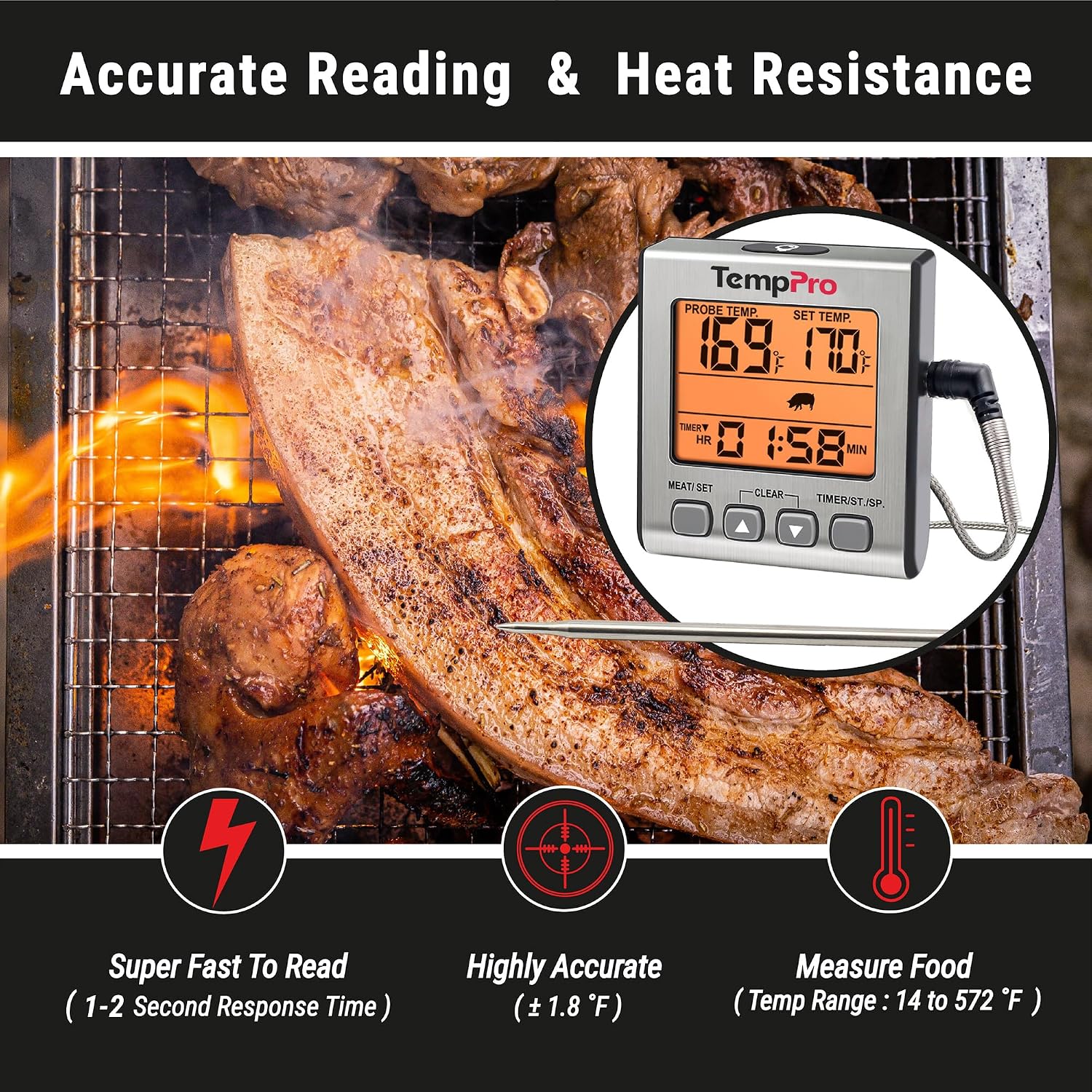 Detalle 2 de TempPro TempTrack Digital Meat Thermometer with Backlight, Timer and 6.5-inch Probe