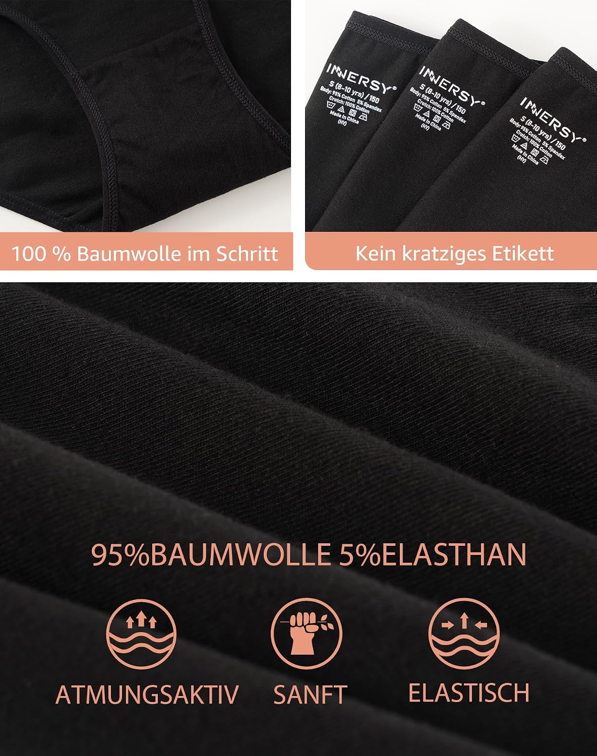 Detalle 2 de INNERSY Mädchen-Unterhosen aus Baumwolle (6er Pack) – bequeme Slips für 8–16 Jahre