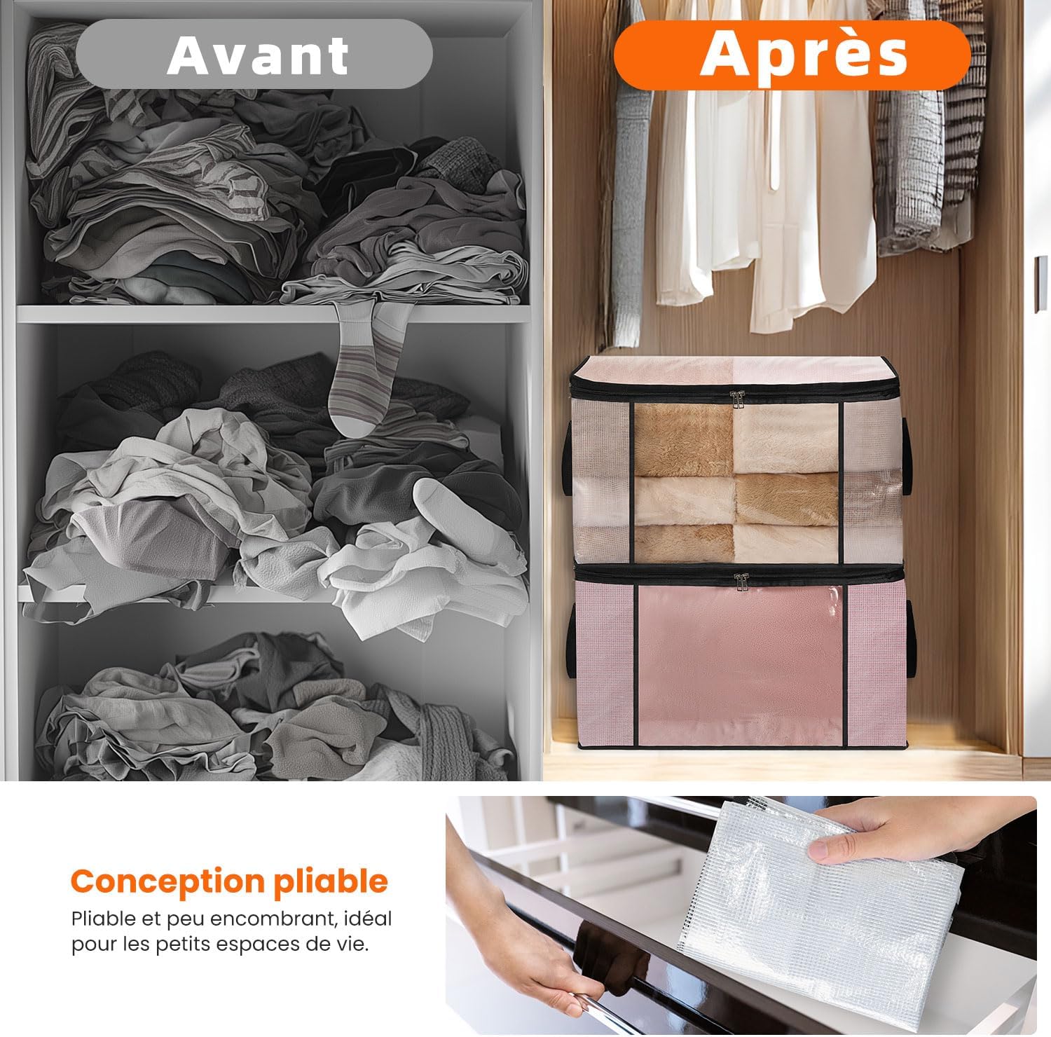 Detalle de NEWSONA Lot de 3 Sacs de Rangement Vetement Transparente 60L – Organisateur Pliable avec Fermeture Éclair et Poignées