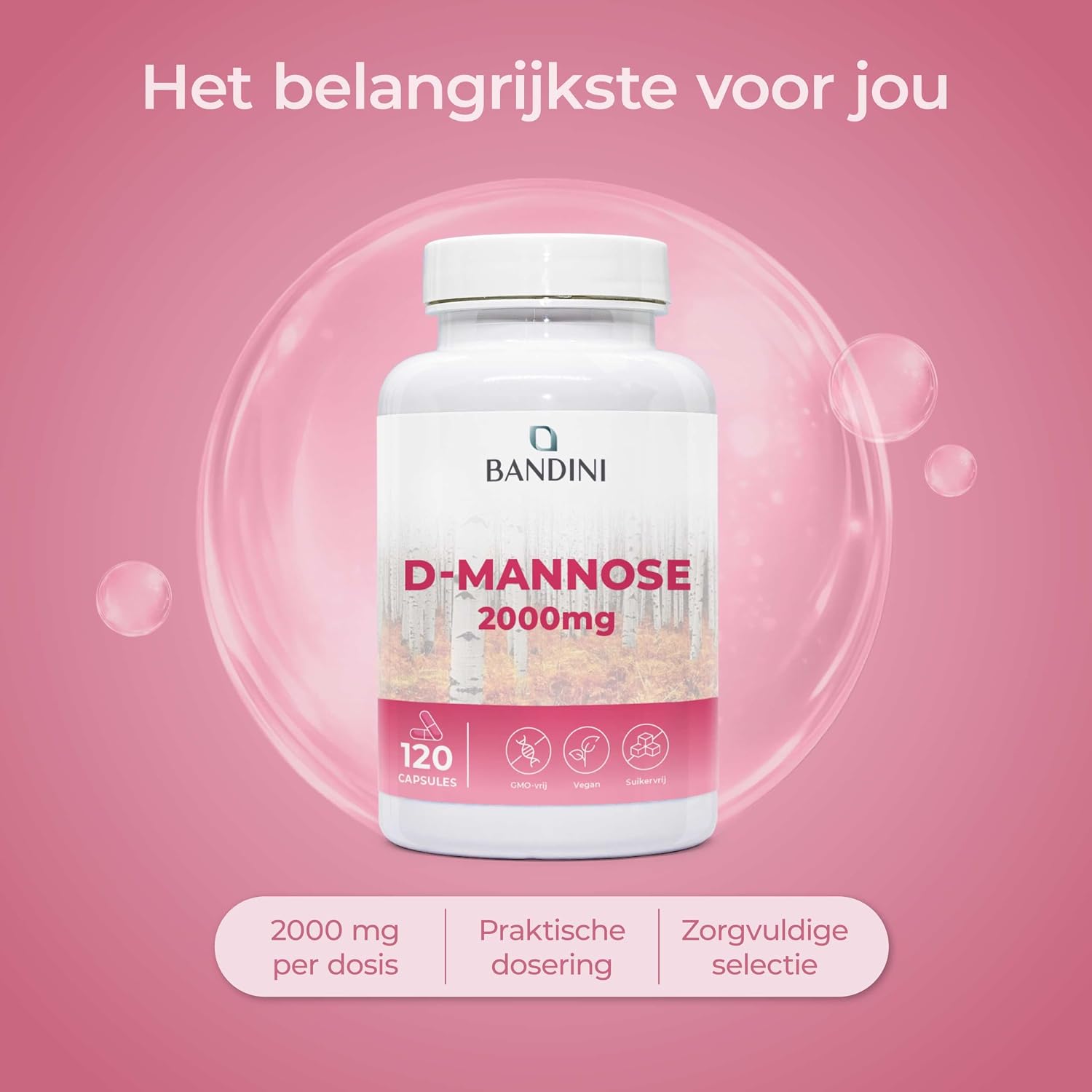 Detalle 2 de BANDINI D-mannose capsules, 2.000 mg per dagdosering, 120 stuks