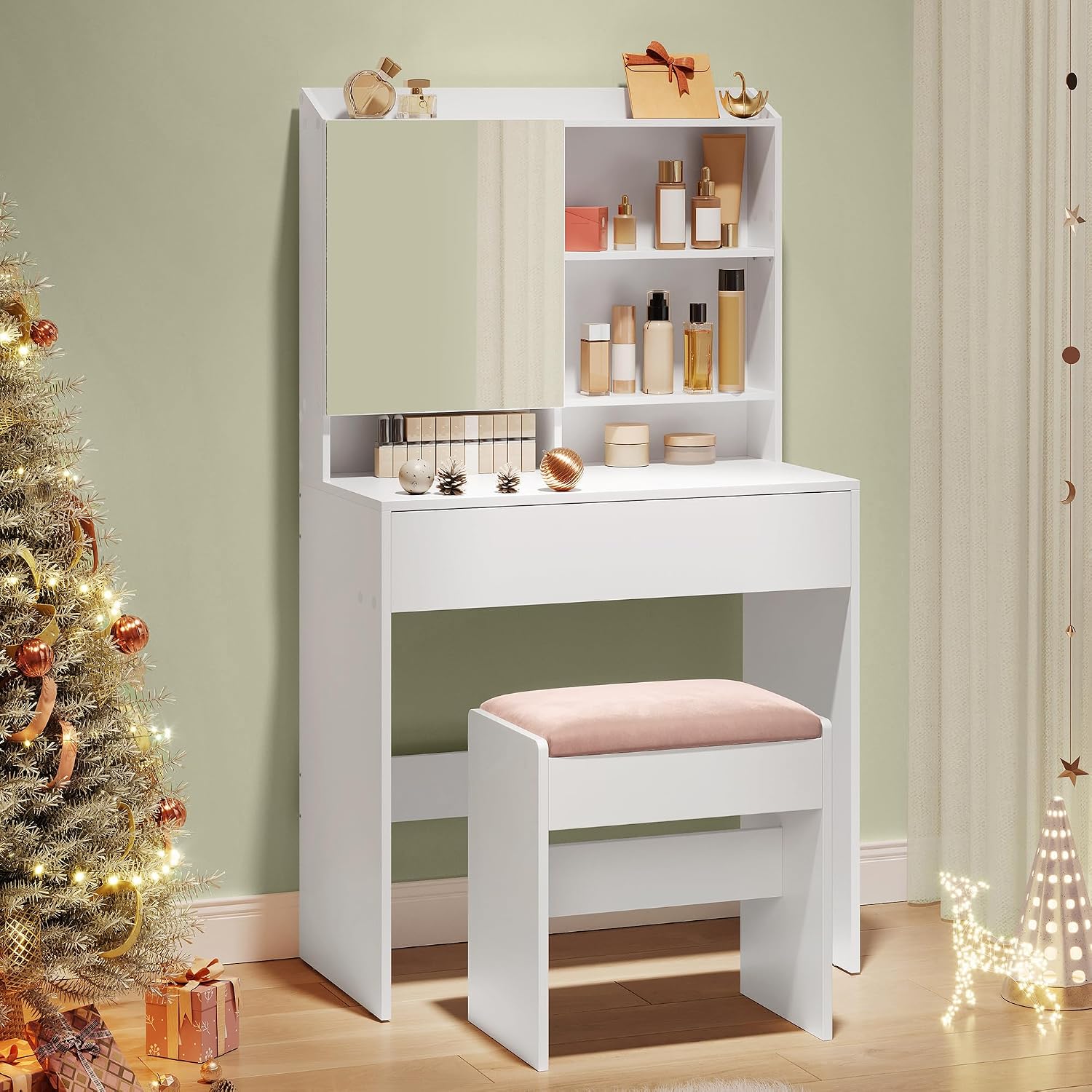 Detalle 2 de VASAGLE RDT118W01 Dressing Table with Mirror, Adjustable Shelves and Drawer