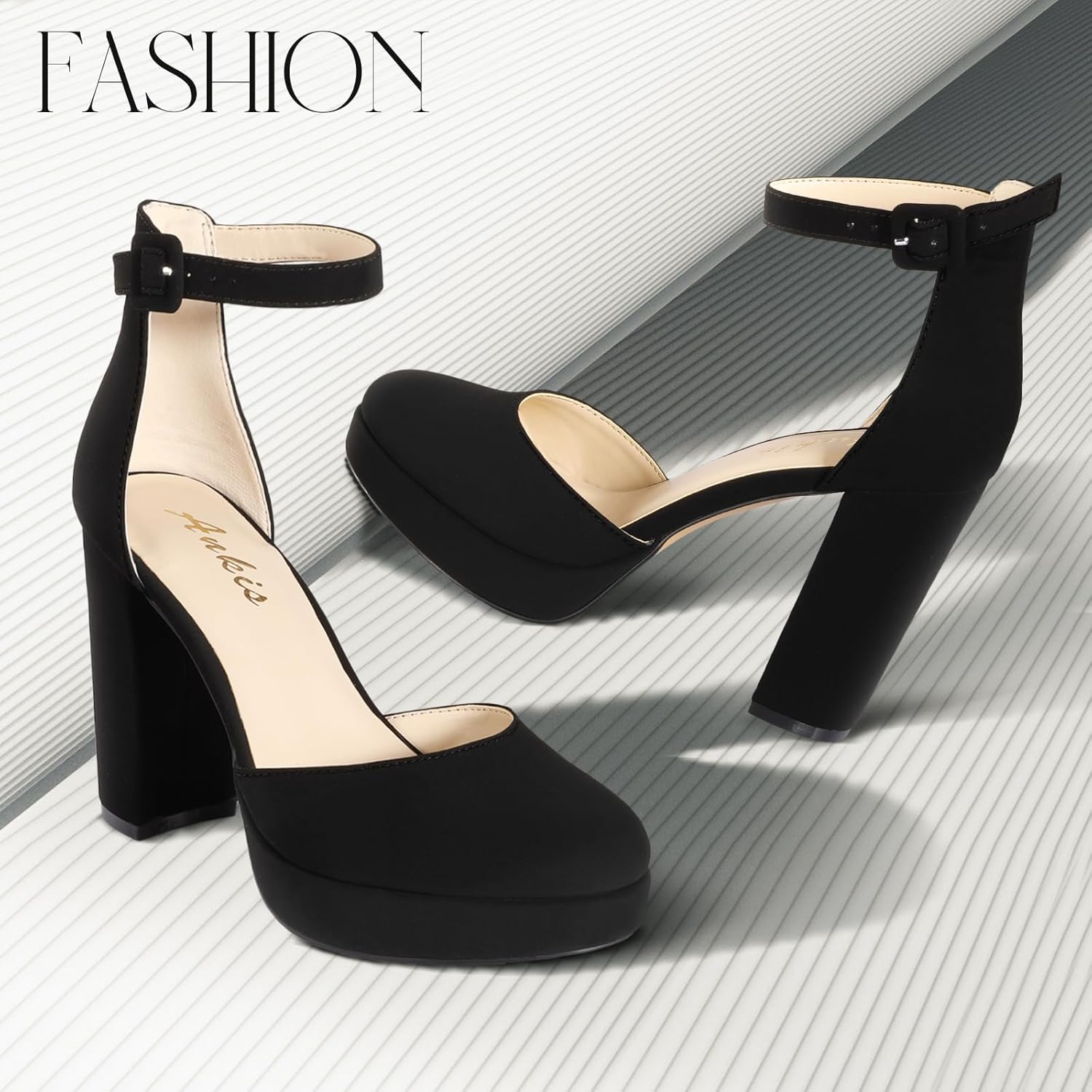 Thumbnail 3 de Ankis Black Platform Closed Toe Heels for Women — 4 Inch Chunky Block Pumps