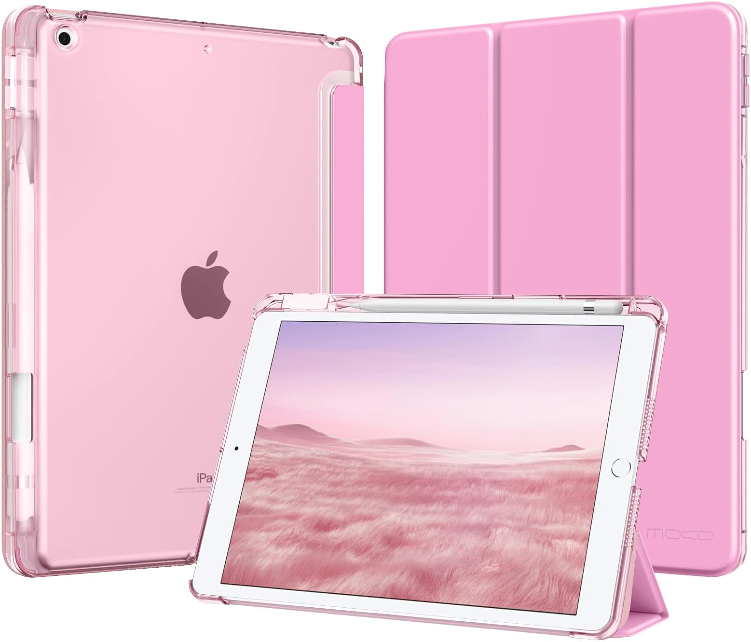 Detalle de MoKo 10.2-Inch iPad Case (9th/8th/7th Gen) with Pencil Holder – Slim, Translucent Back, Pink