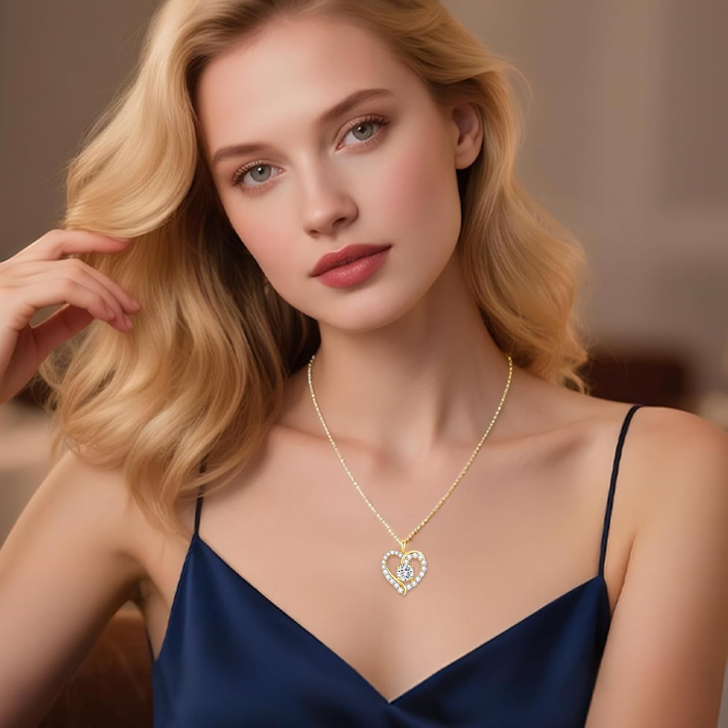 Thumbnail 3 de LAVUMO Damen-Halskette 14K Gold Herz mit Geburtsstein | 925er Silber, Doppelherz-Design