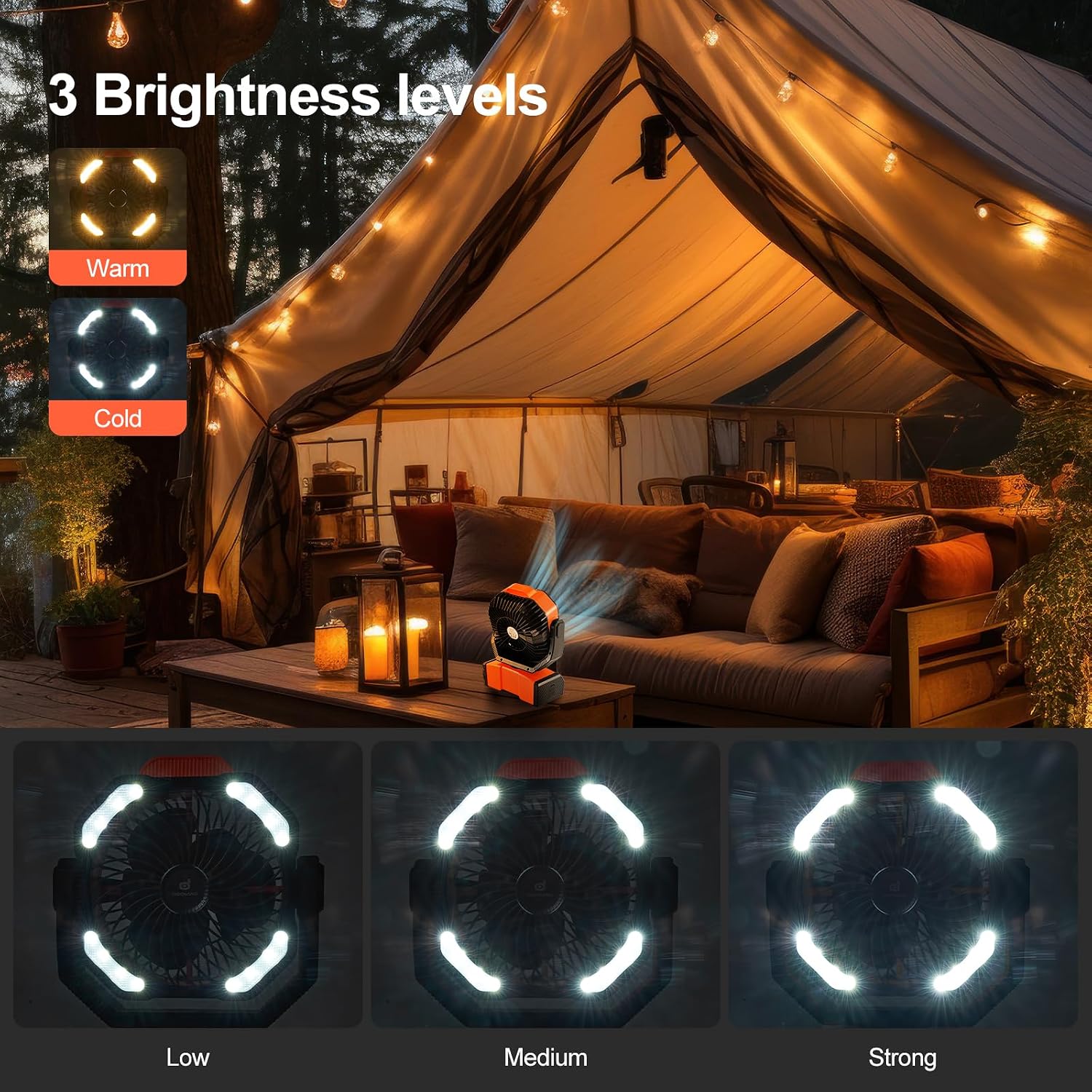 Detalle de Odoland 40000mAh Camping Fan with LED Light — Battery-Operated Oscillating Desk Fan with Remote, Hook, and Tent Light