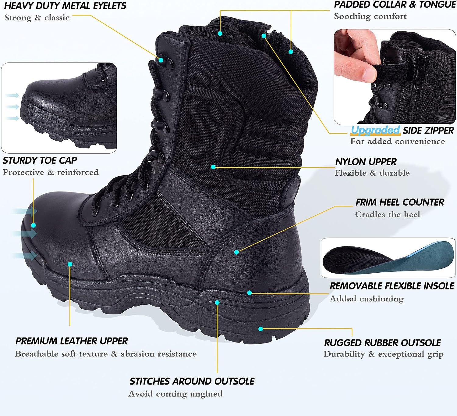 Detalle de RIELD Men's Tactical Work Boots with Side Zipper, 9-Inch Design