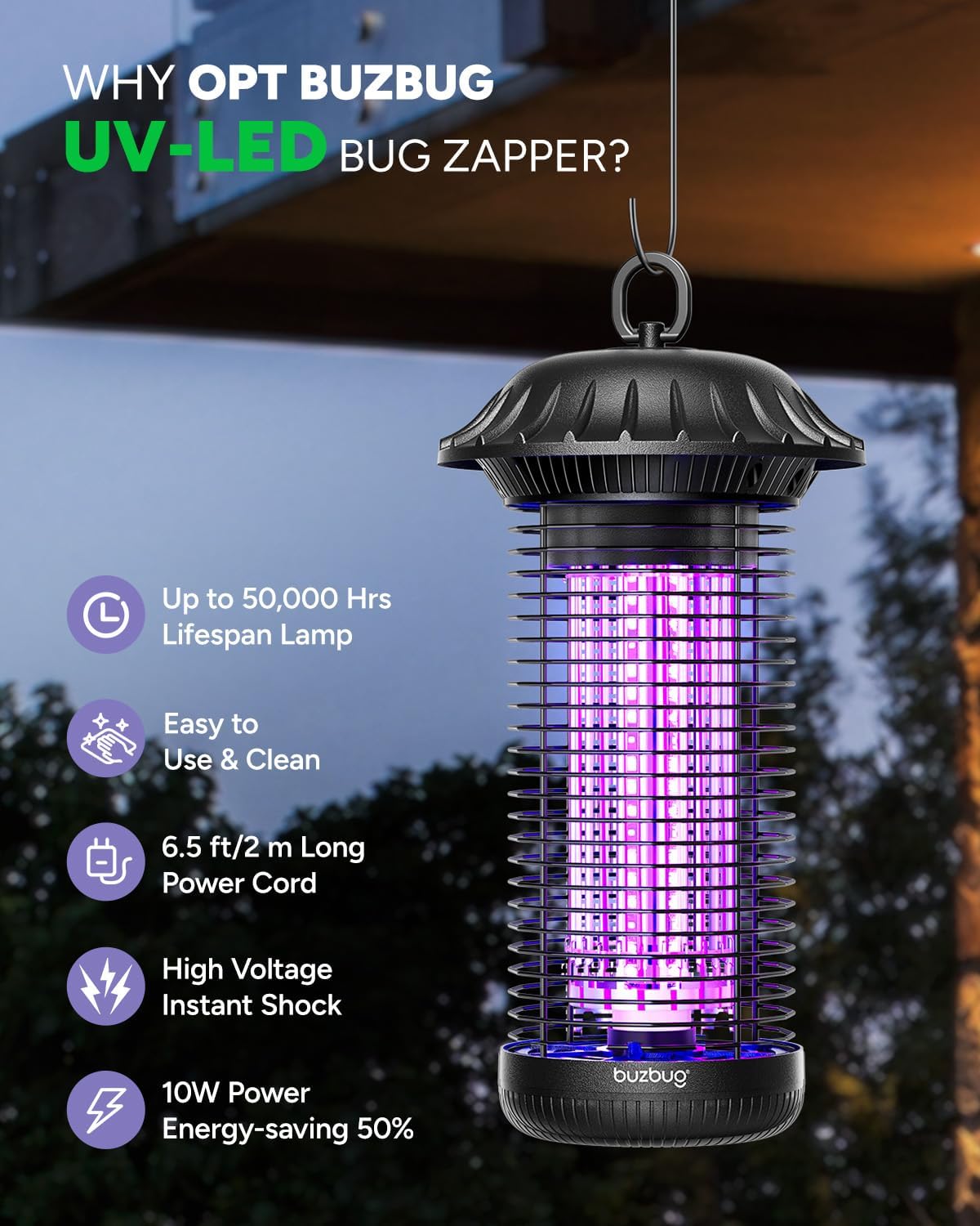 Thumbnail 1 de Buzbug LED Bug Zapper MO008C: Indoor/Outdoor Elimination with Dual-Color LED Attraction