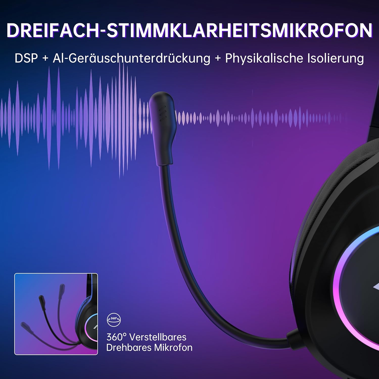 Detalle de AOC Gaming Headset kabellos: 2,4 GHz + Bluetooth 5.4, 7.1 Surround, 239 g