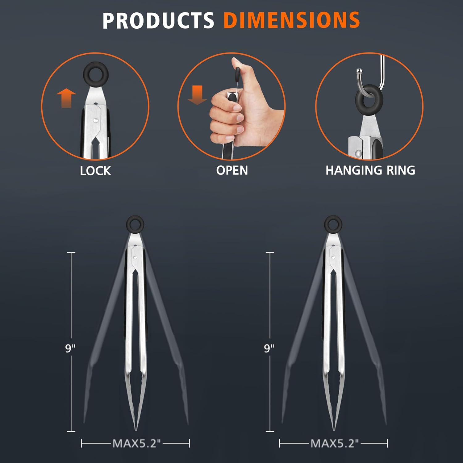 Thumbnail 2 de Hotec Küchenzange aus Edelstahl mit hitzebeständigem Silikongriff – 2er-Set, verriegelbar (23 cm & 30,5 cm, Schwarz)