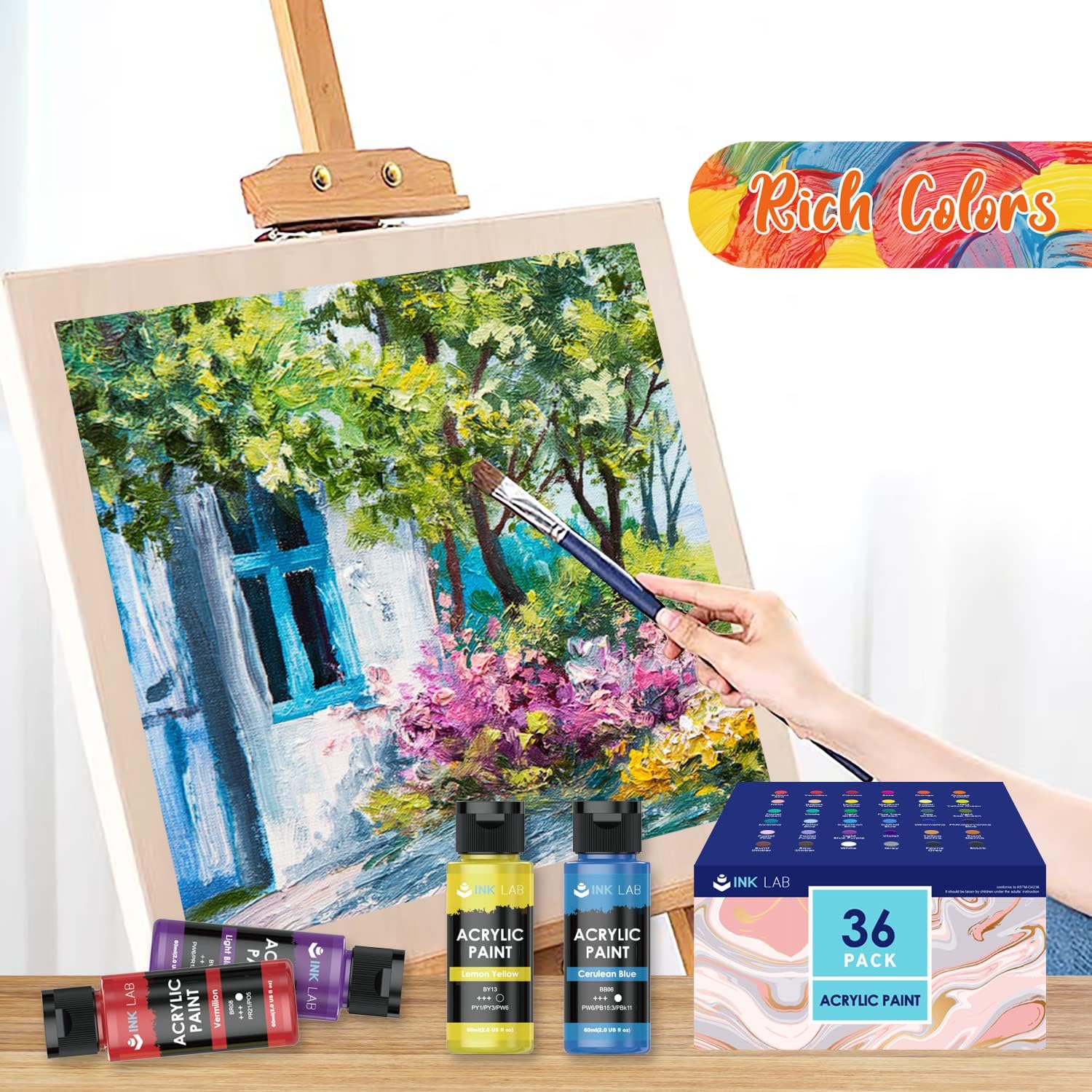 Detalle de Peinture Acrylique 36 Couleurs Non Toxique – Kit polyvalent INKLAB pour Arts sur toile, bois, céramique et plus