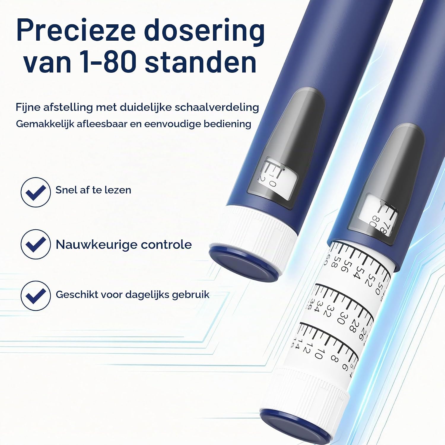 Detalle de AMAINKI herbruikbare insulinepen, 1–80 eenheden, met 5 cartridges en etui