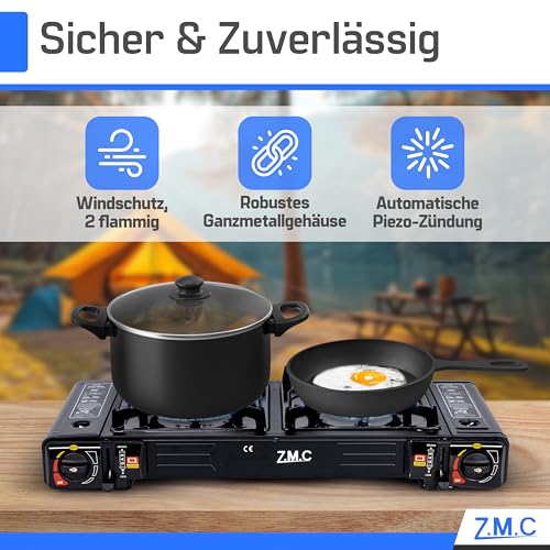 Detalle de Z.M.C Gaskocher Campingkocher 2-flammig 2,5 kW – inkl. 12x 227 g Kartuschen und Adapter