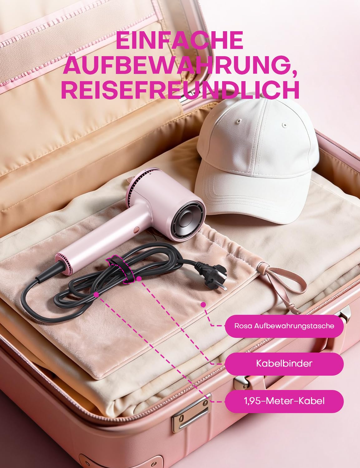 Detalle de Hochgeschwindigkeits-Ionen-Föhn mit Diffusor – 1600 W, 110.000 U/min, rosa