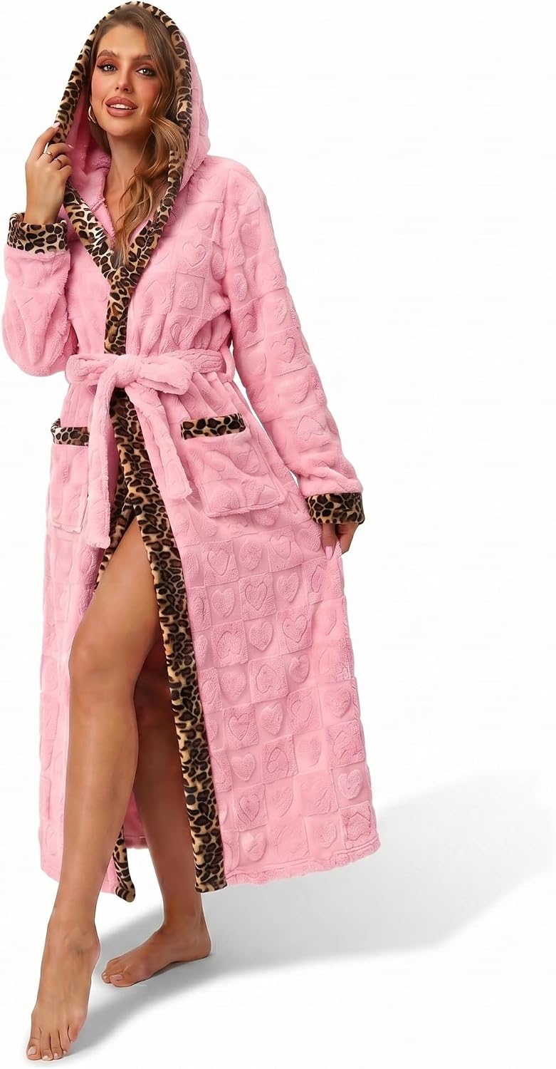 Thumbnail 6 de RONGTAI Womens Soft Fuzzy Fleece Leopard Bathrobe with Pockets & Belt