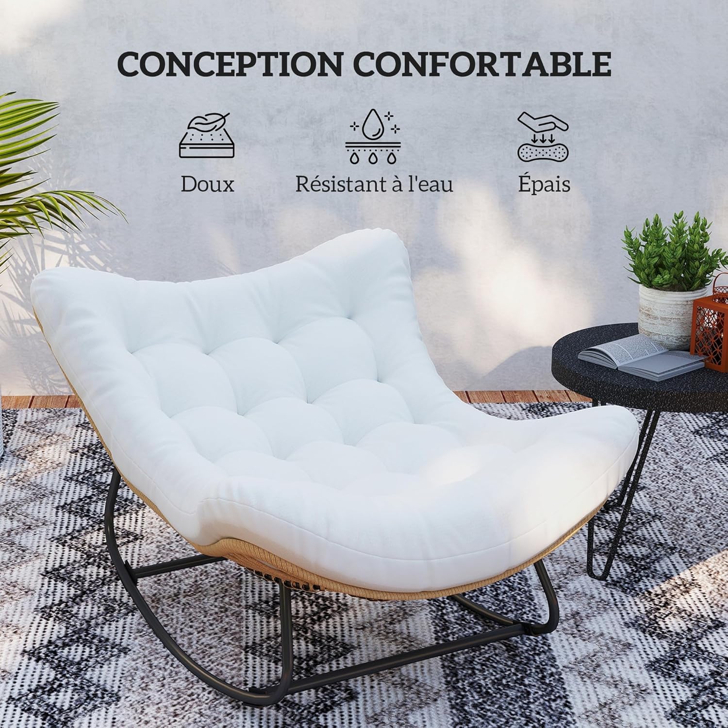 Thumbnail 4 de Outsunny Fauteuil à Bascule en forme d'œuf – résine tressée, coussin rembourré, crème