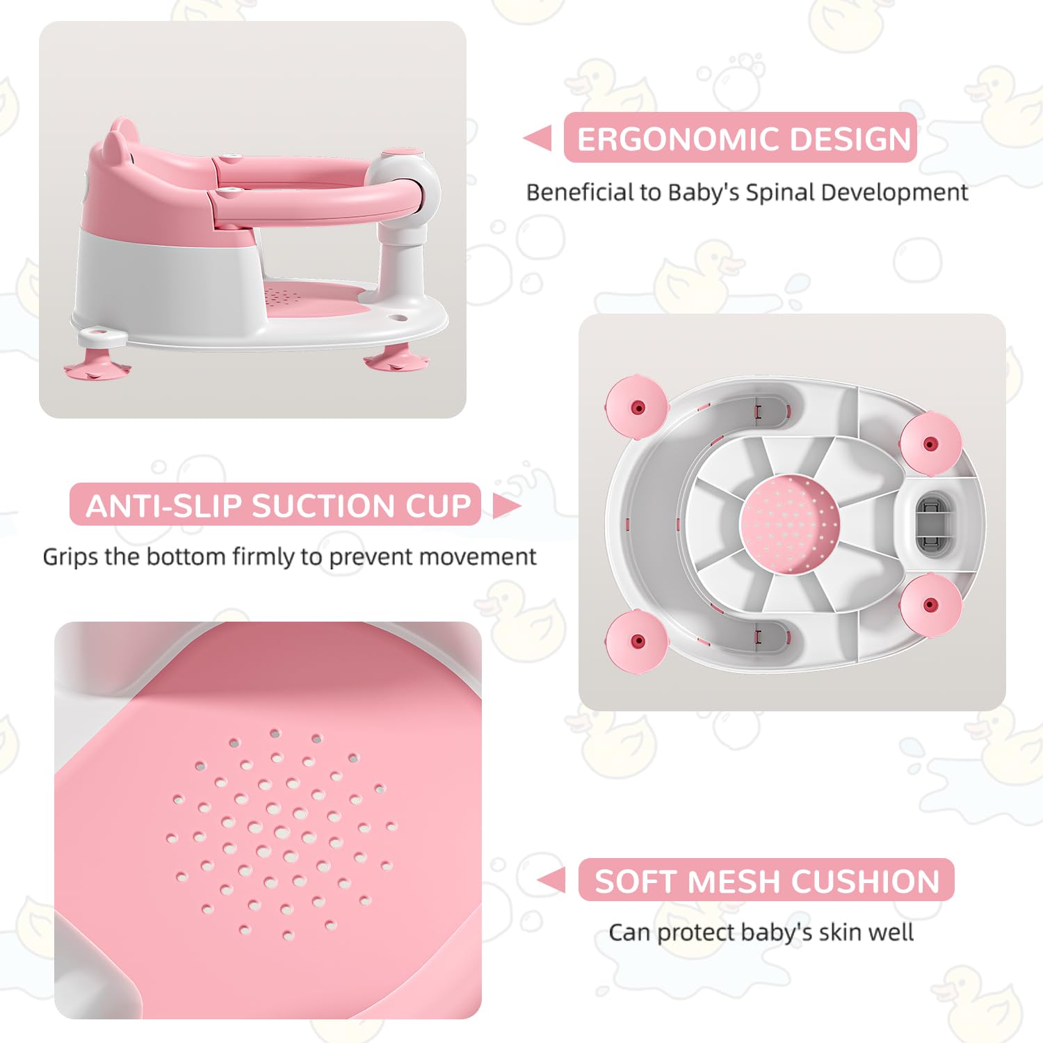 Detalle 2 de Badewannensitz Baby ab 6 Monate – Bär, rutschfest mit 4 Saugnäpfen, rosa