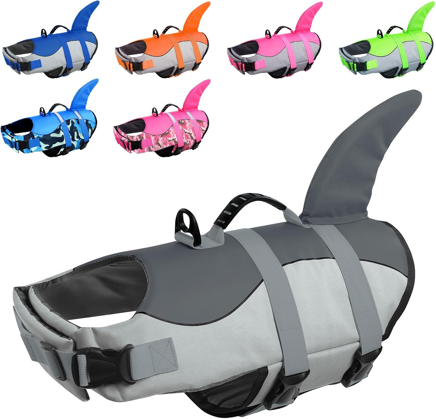Detalle de CITÉTOILE Dog Life Jacket Shark Costume – Safety Vest for Swimming, Beach and Boating (Grey, Size S)