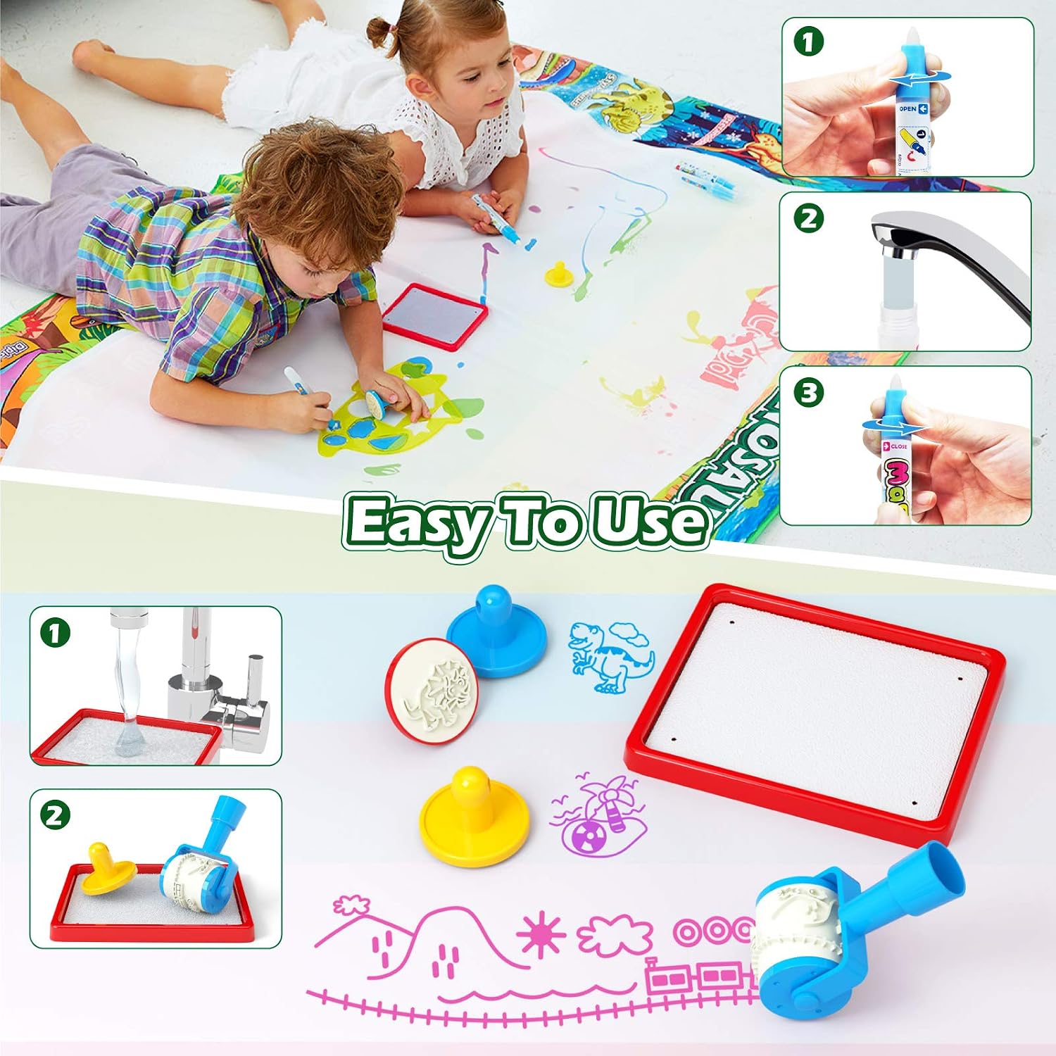 Detalle 1 de Jasonwell JX-70080 Dinosaur Water Doodle Mat, 60 x 40 Inches, Reusable