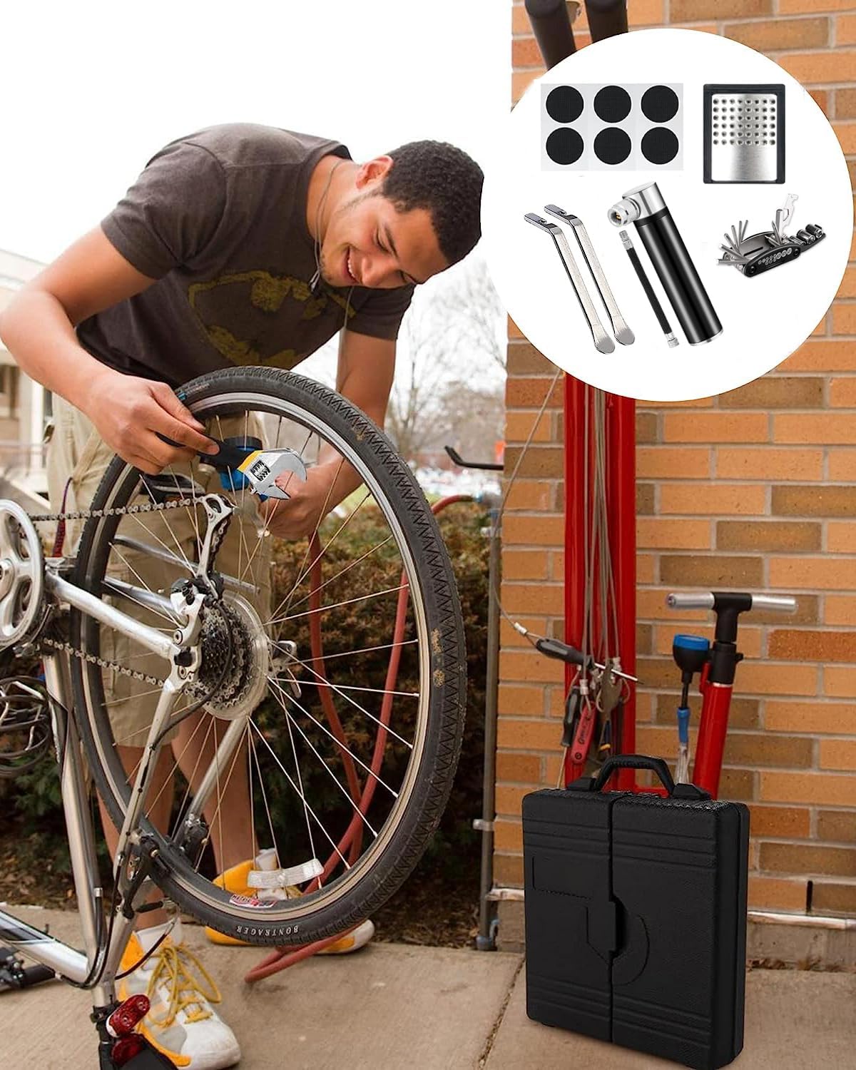 Detalle de HAZENS Fahrrad Reparaturset mit Satteltasche – 16-in-1 Multitool, Mini-Luftpumpe 120 PSI, Notfallwerkzeug Flickzeug