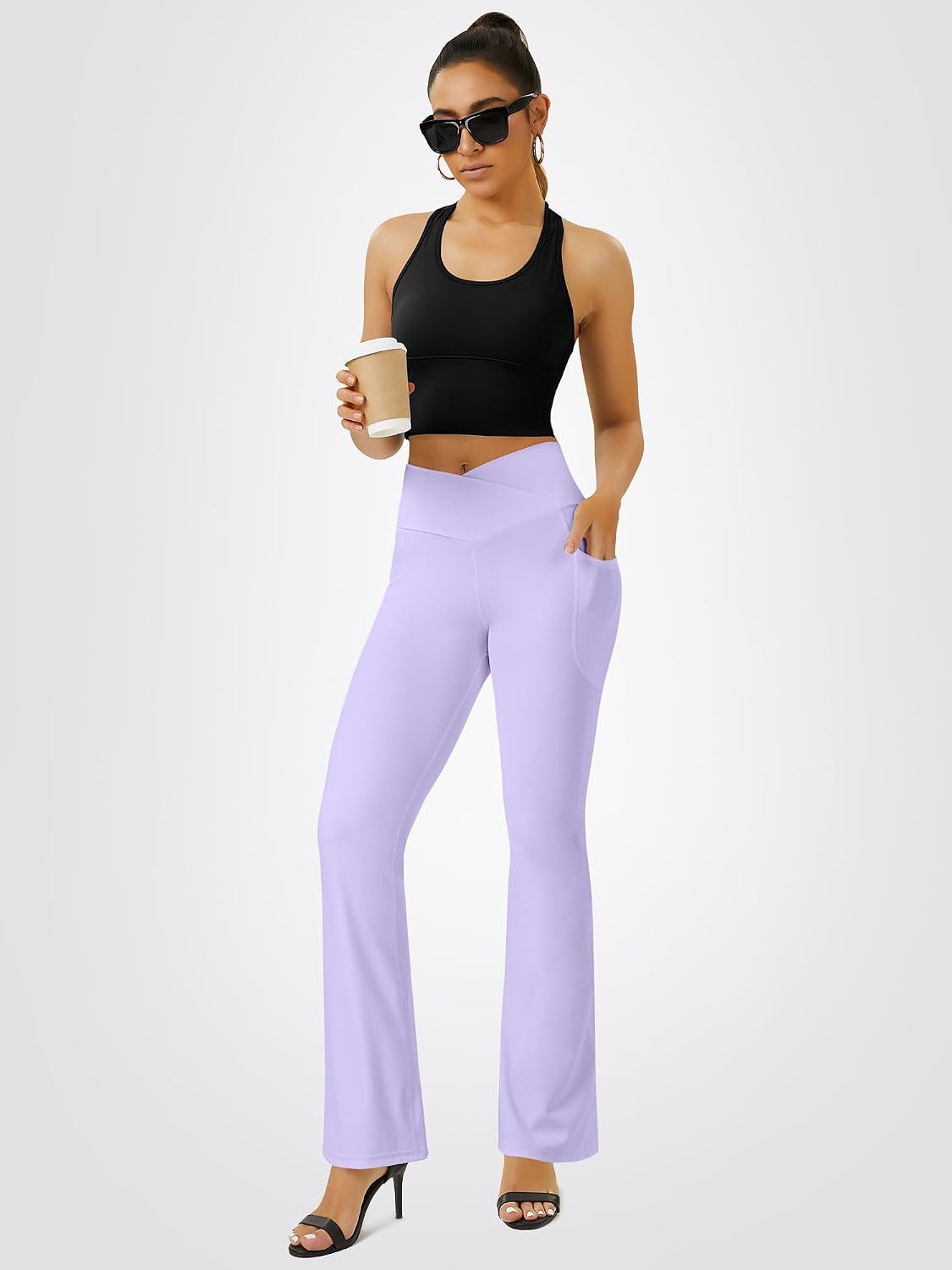 Thumbnail 5 de FOHOFO Crossover Flare Yoga Pants with Pockets, High-Waisted Bootcut Leggings