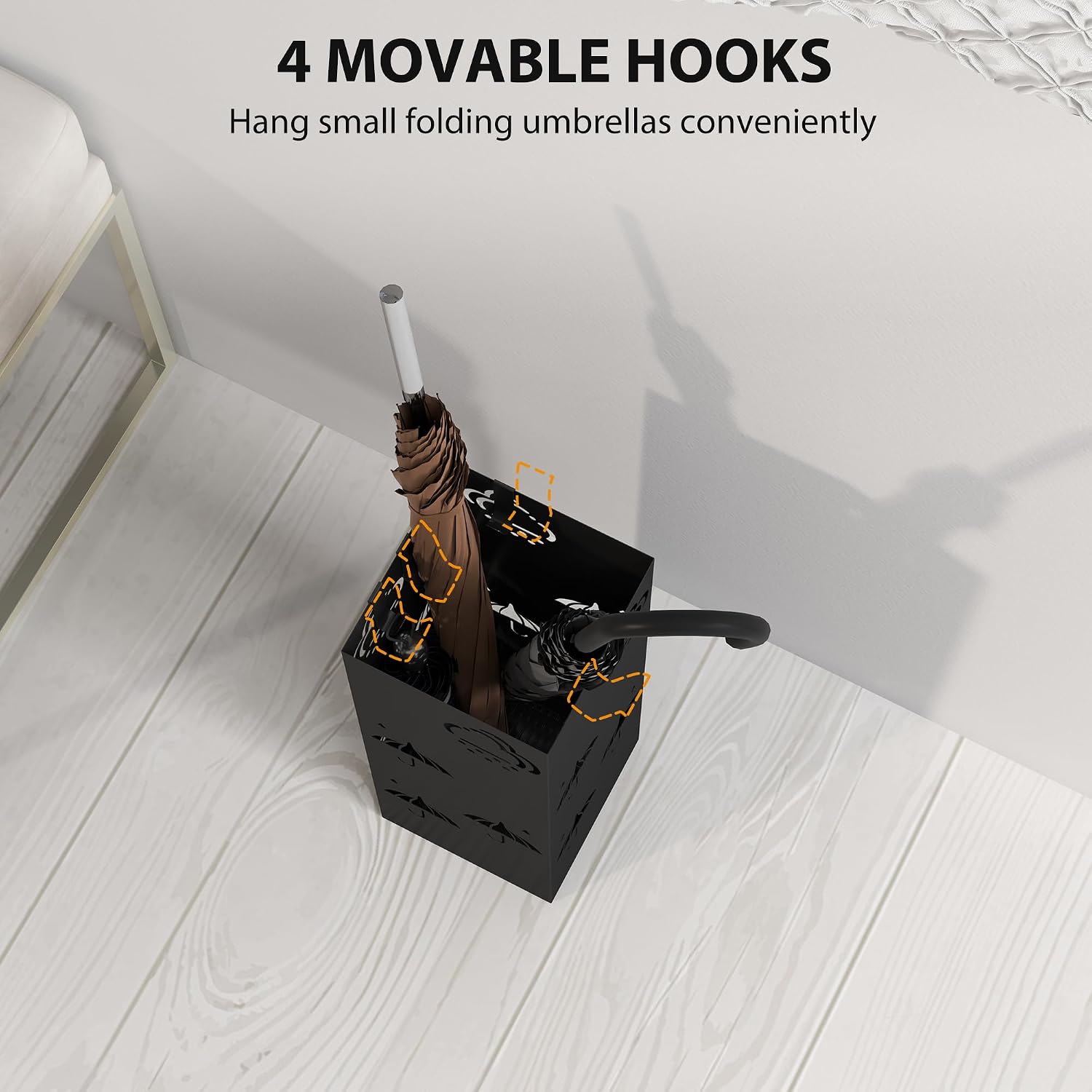 Detalle de HOMCOM 837-550V00BK Metal Umbrella Stand, Black, with Drip Tray and 4 Hooks