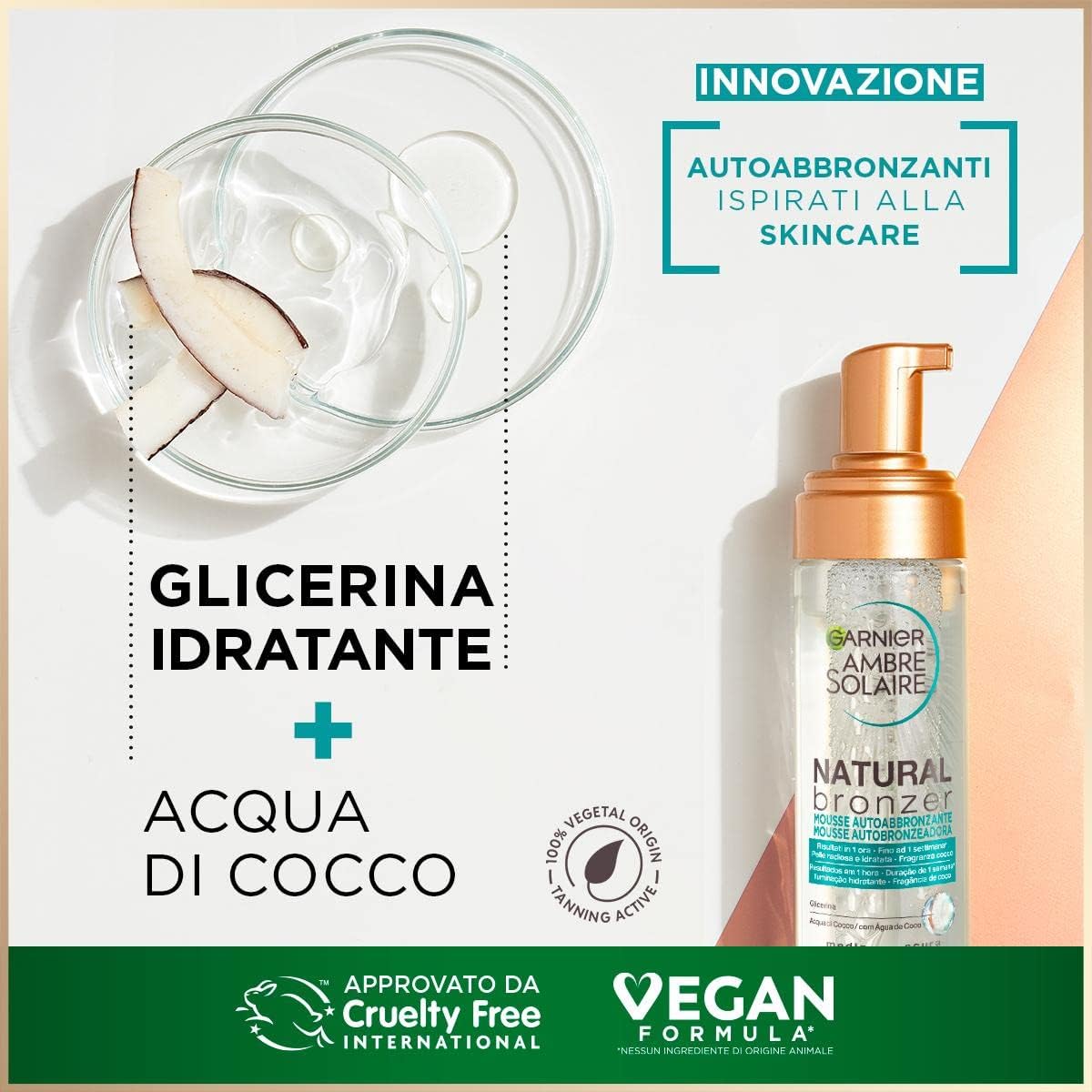 Detalle de Garnier Ambre Solaire Mousse Autoabbronzante Natural Bronzer per viso e corpo – effetto naturale fino a 1 settimana, formula vegana, 200 ml