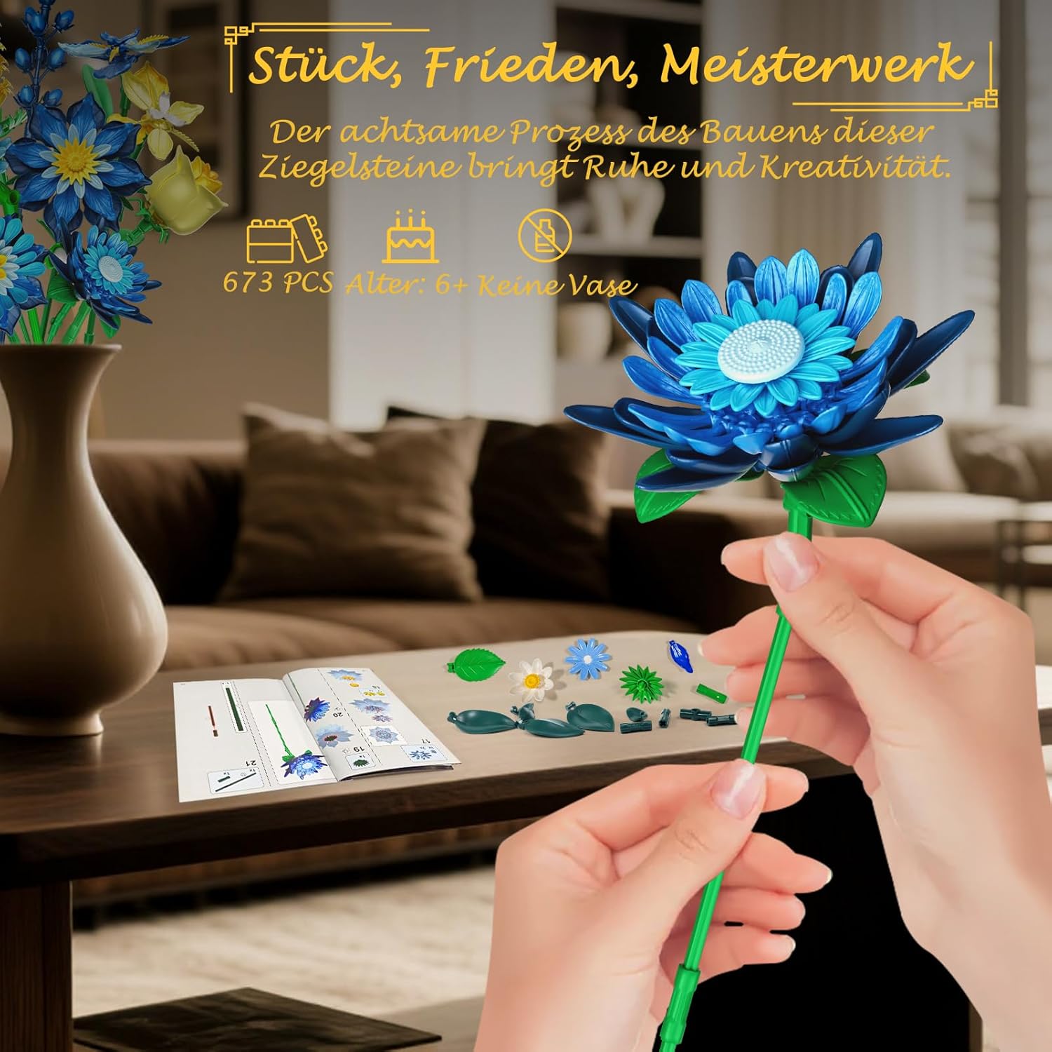 Thumbnail 5 de Rongmeiz Gänseblümchen-Blumenstrauß Bausatz – eisblaues Vintage-Blumenarrangement aus Premium-Bausteinen