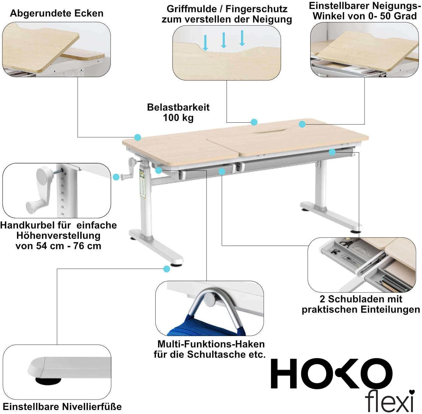 Thumbnail 3 de HOKO Kinderschreibtisch Höhenverstellbar 120x60 cm