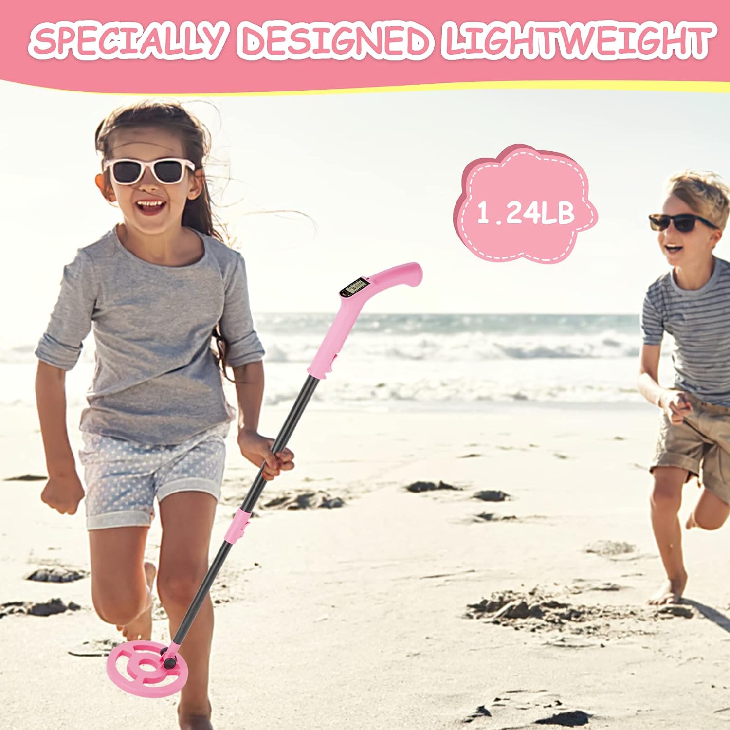 Detalle de OMMO MD-3006 kindermetaaldetector, roze, verstelbare steel en waterdichte spoel