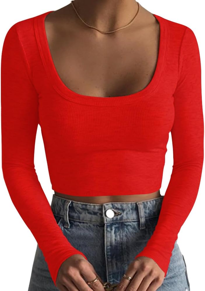 Detalle de Artfish Women's Ribbed Square-Neck Long-Sleeve Cropped Top