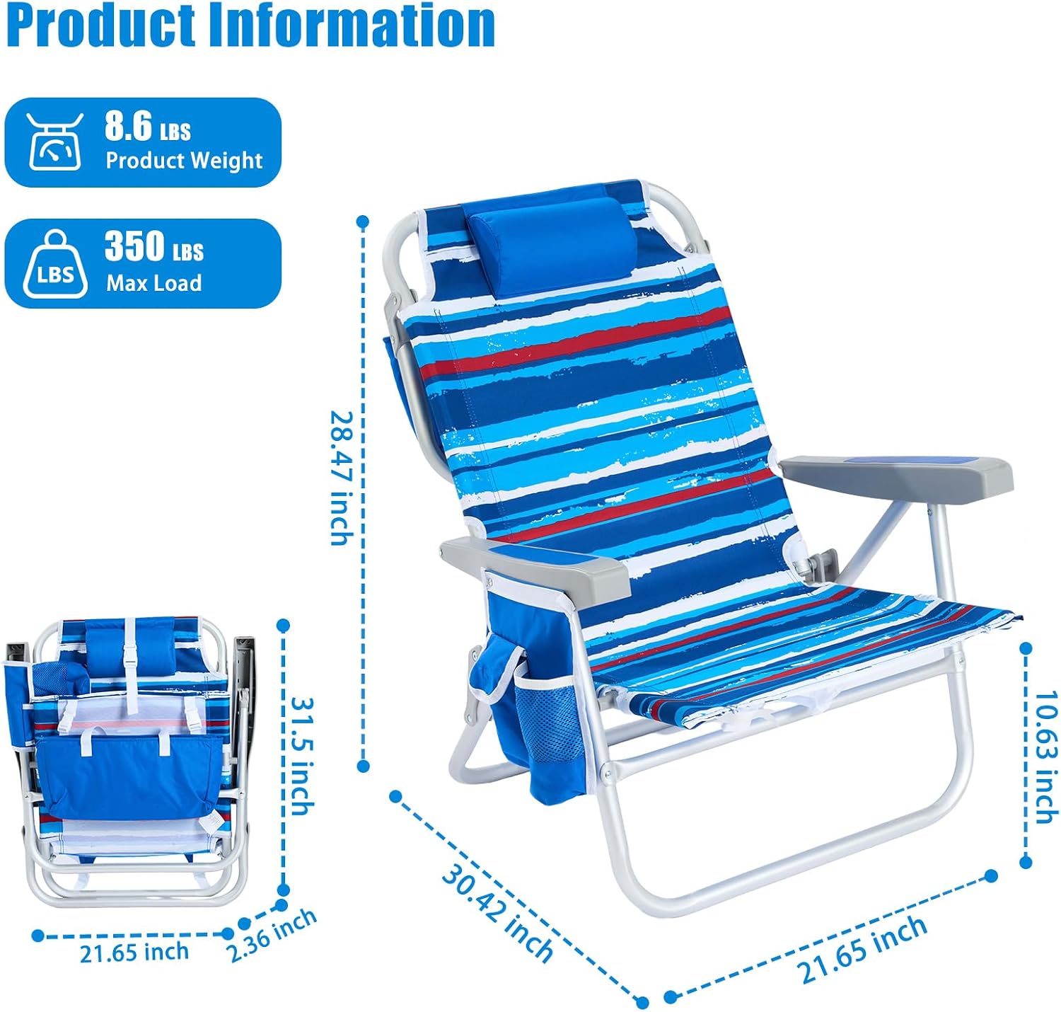 Thumbnail 2 de SUNNYFEEL Low Beach Chair 2 Pack: Portable, 5-Position Reclining Chairs with Cooler Bag